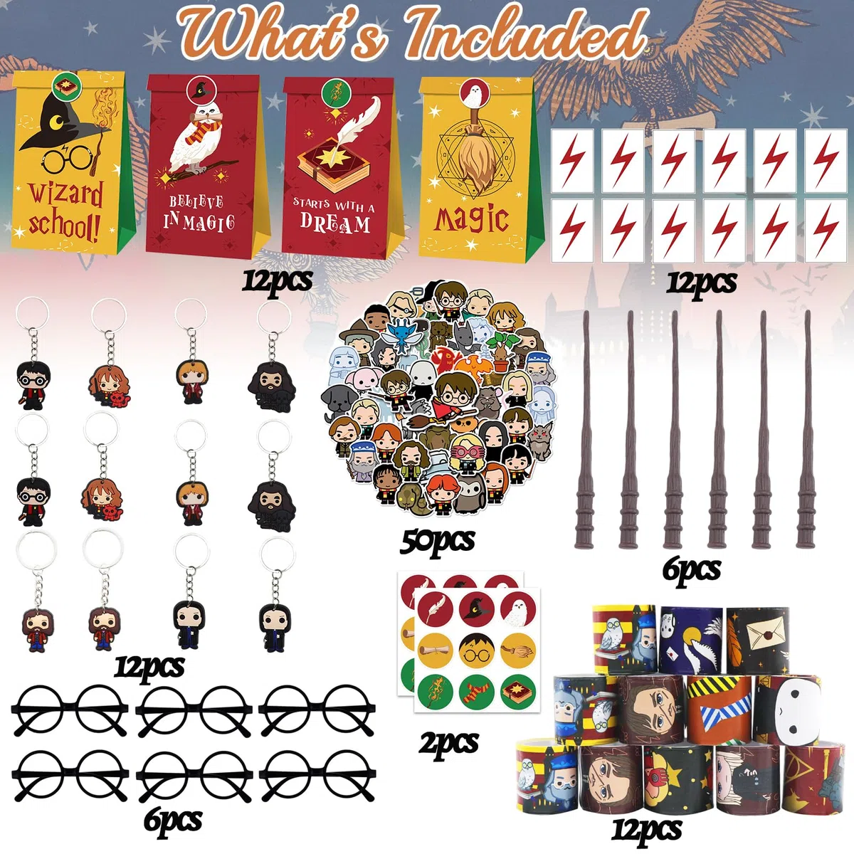 110 unidades de relleno de bolsas de fiesta para niños, tema brujo, juguetes Pinata a juego con bandas para tapas, palillos, gafas, pegatinas, llaveros, bolsas de regalo, regalos de la suerte