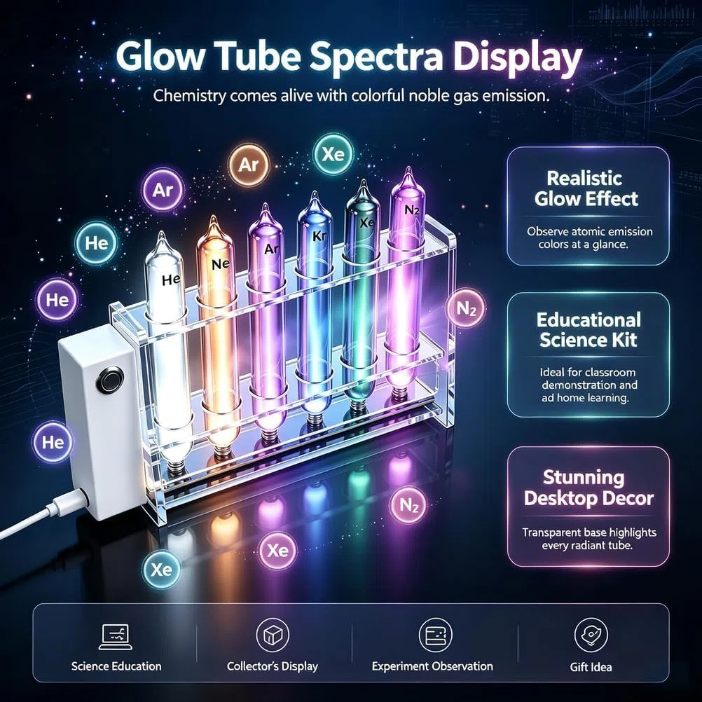 Juego De Tubos Fluorescentes De Gases Nobles: 6 Tubos De Vidrio Sellados con Base De Excitación para Exhibición Y Colección Científica, 99,99% De Pureza He/ne/ar/kr/xe/n2