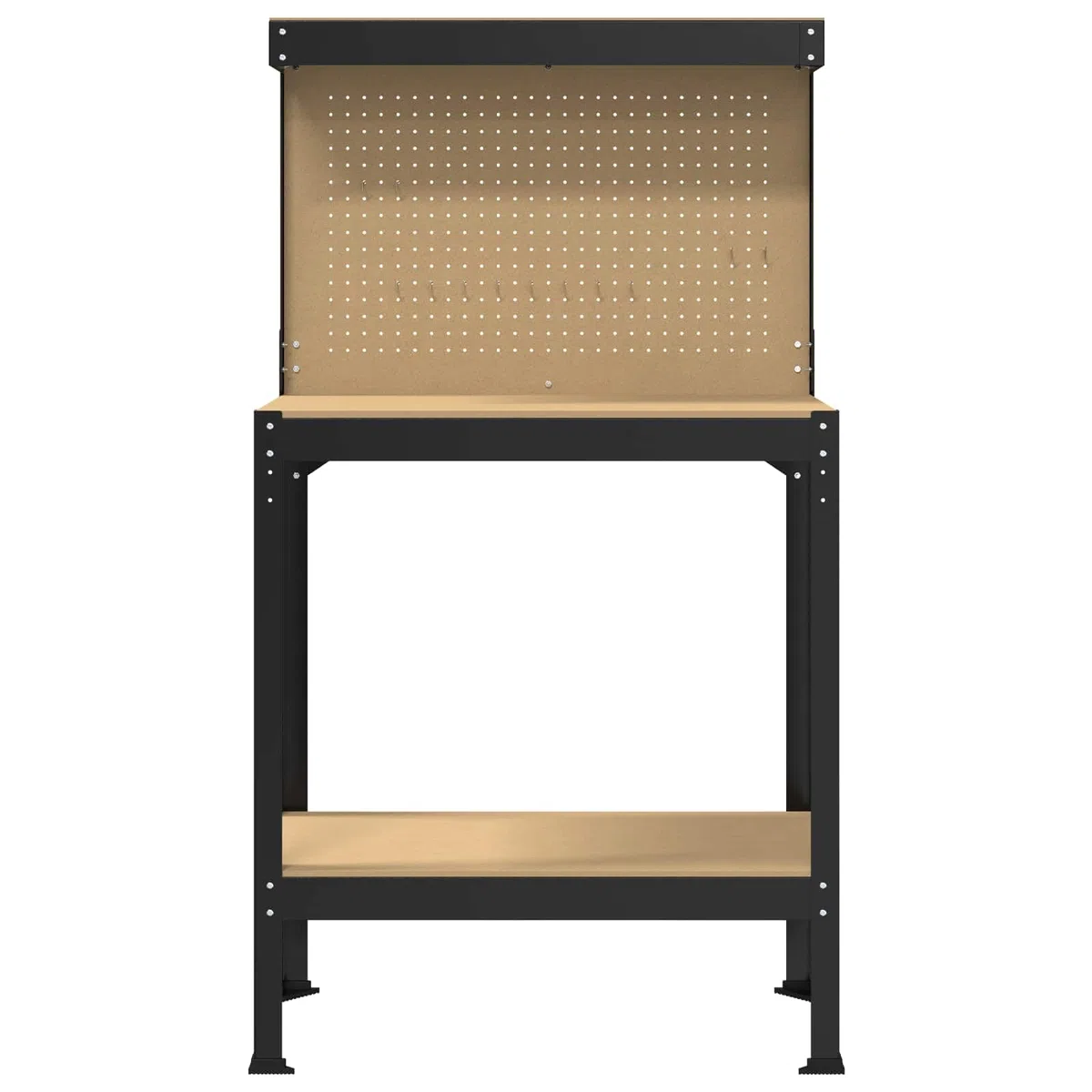 Banco de trabajo negro 81 x 41 x 145 cm de madera y metal con pared perforada y cajón, banco de trabajo para garaje y taller, resistente a la corrosión con estantes