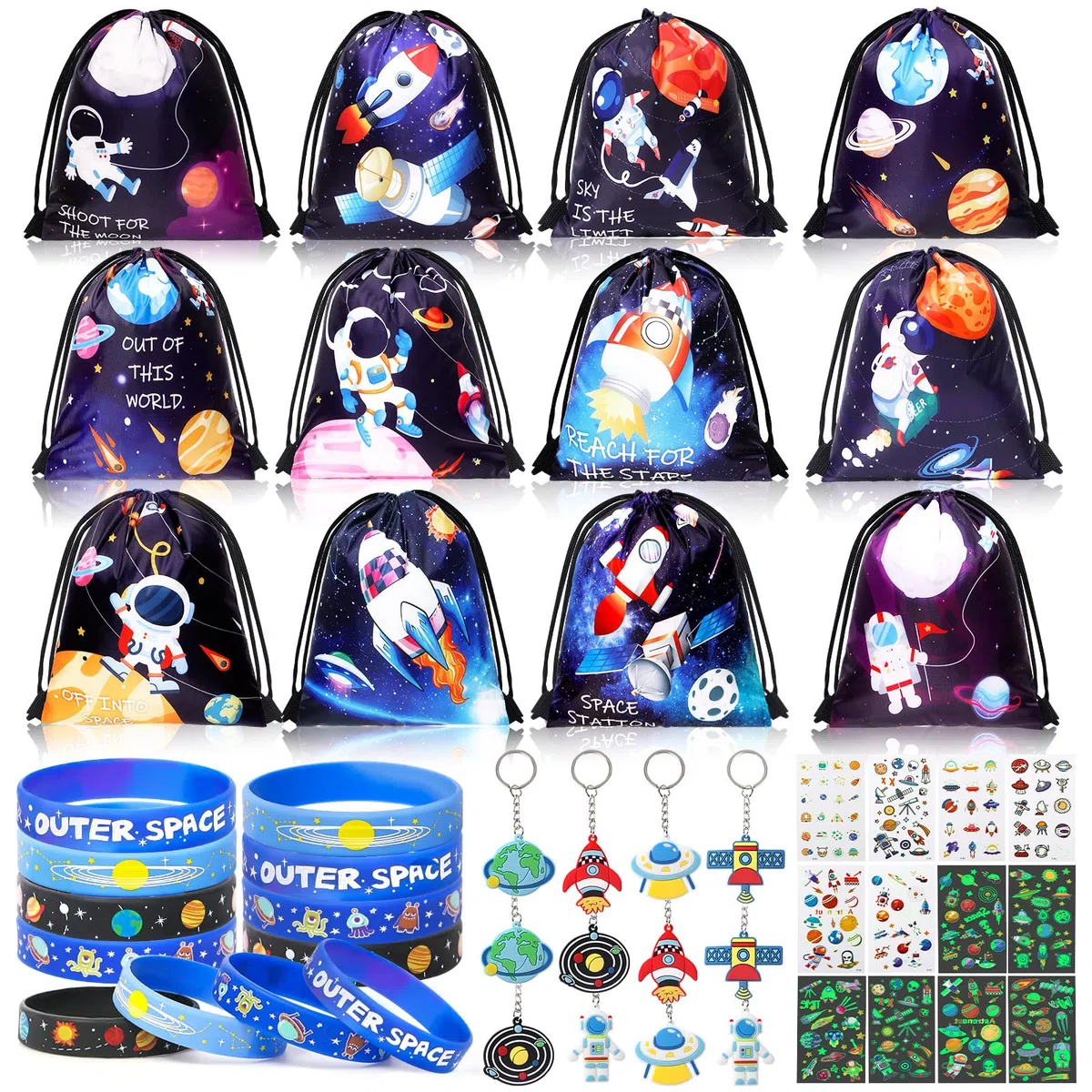 Tacobear 48 Piezas Piñata Cumpleaños Infantil Espacio Mochila Cuerdas Bolsa de Cuerdas Llaveros Tatuajes Pulseras de Silicona Regalos Cumpleaños Niños Colegio Artículos de Fiesta Espacial
