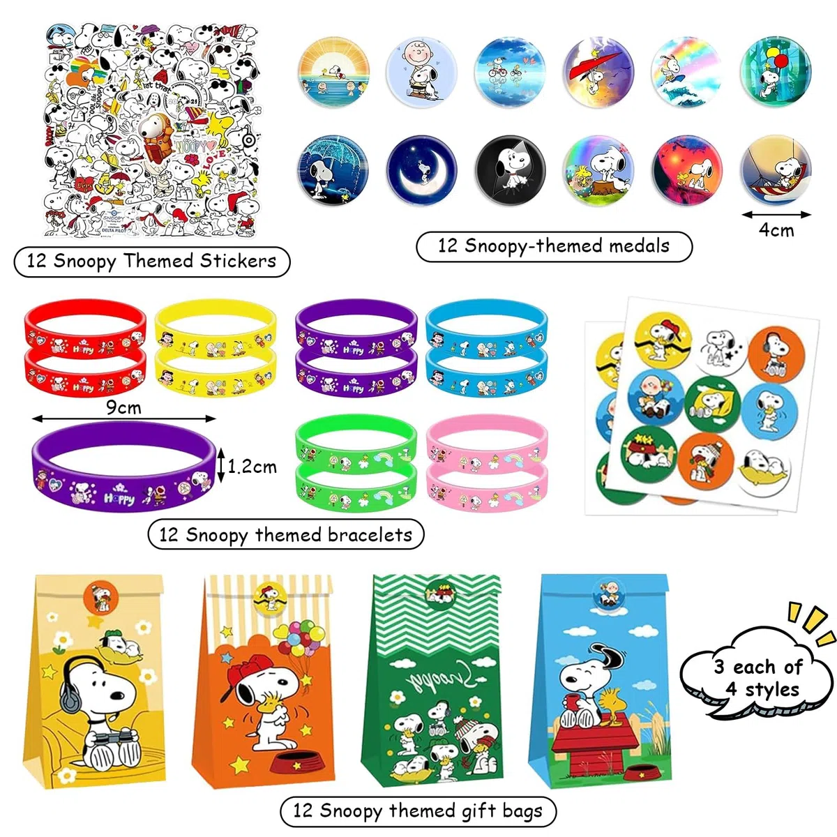 Yisscen 86 piezas Snoopy cumpleaños para niños: 12 pulseras de silicona, 12 insignias, 12 bolsas de regalo, 50 pegatinas
