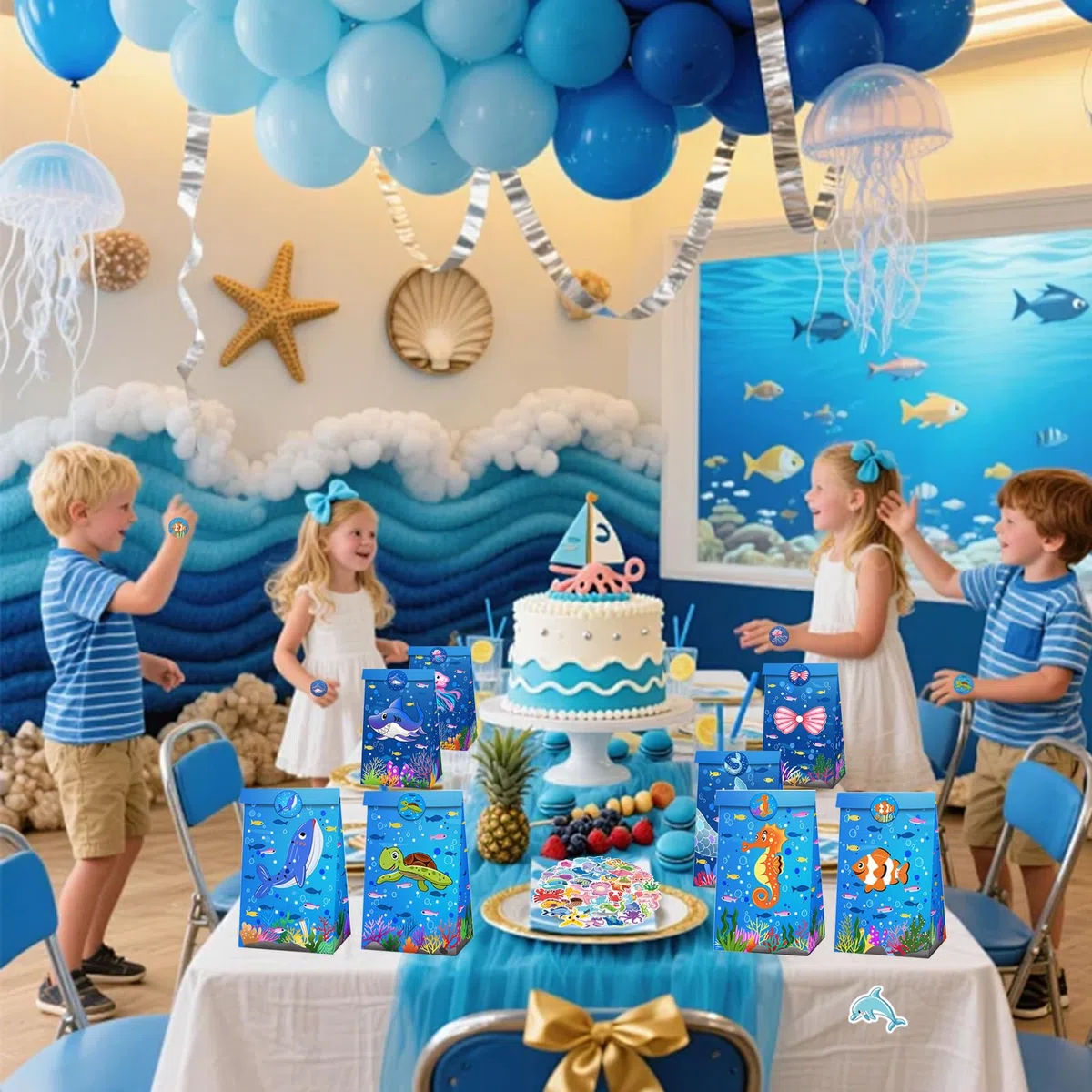 Eymobad Accesorios de fiesta de animales marinos, 98 piezas para fiesta de cumpleaños temática de océano, llaveros, pulseras, pegatinas, bolsas de regalo, para niños y niñas