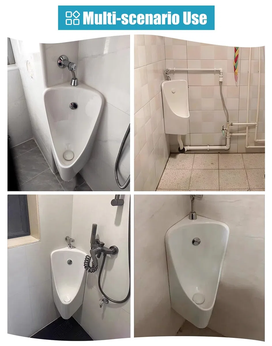 Urinario de esquina macho montado en la pared que ahorra espacio con diseño de drenaje eficiente de descarga manual, acabado gris, perfecto para baños de sótano y baños pequeños