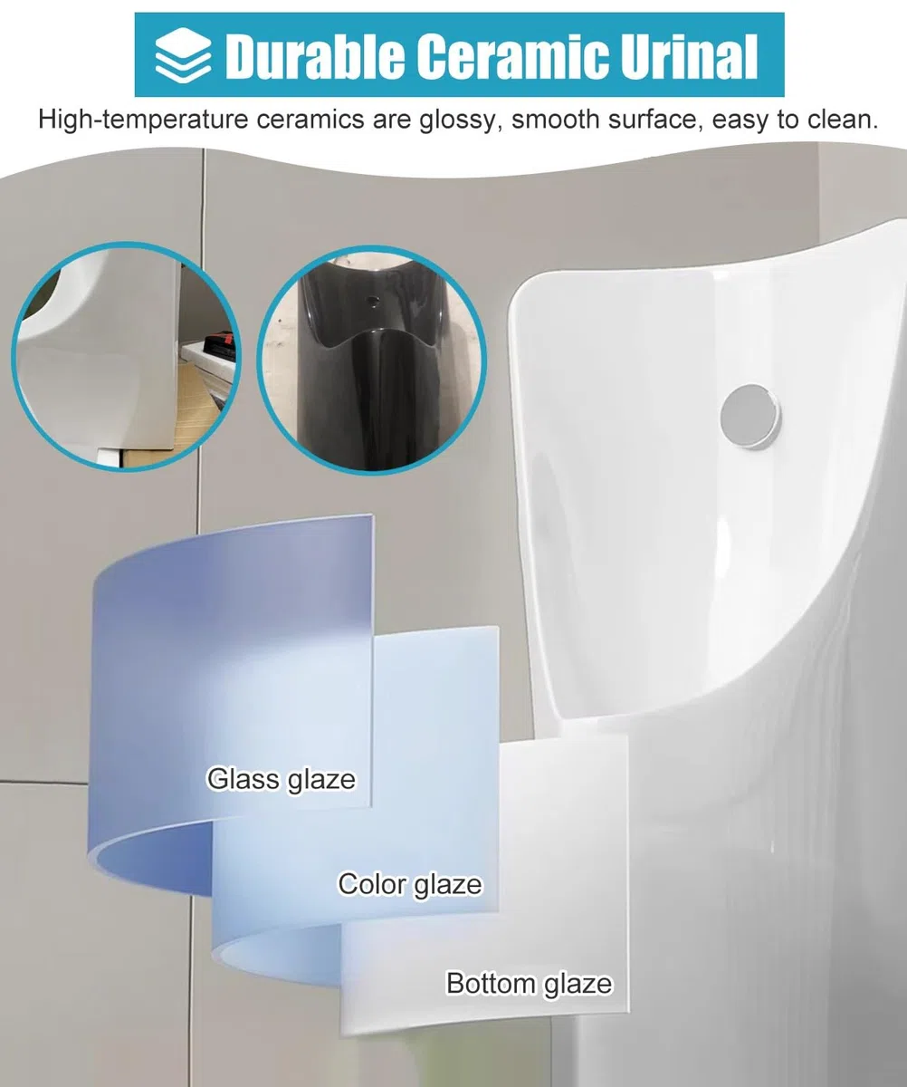 Urinario de esquina macho montado en la pared que ahorra espacio con diseño de drenaje eficiente de descarga manual, acabado gris, perfecto para baños de sótano y baños pequeños