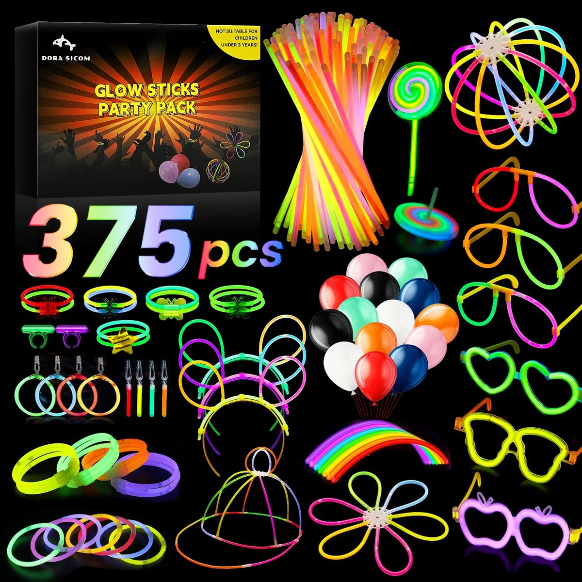 Dora Sicom Pulseras Luminosas Fluorescentes，barras luminosas fluorescentes，pulseras neon fluorescentes fiesta pulseras fluorescentes para Celebraciones Inolvidables/375 piezas
