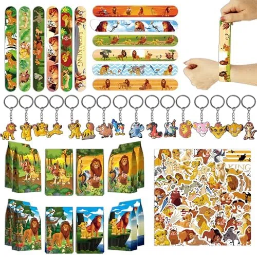Set De Bolsas De Regalo para Fiesta De CumpleañOs Infantil De Leones, 86pcs Lion Cartoon Theme Party Regalos con Slap Pulseras Llaveros Bolsas De Regalo Pegatinas para Fiestas Infantiles