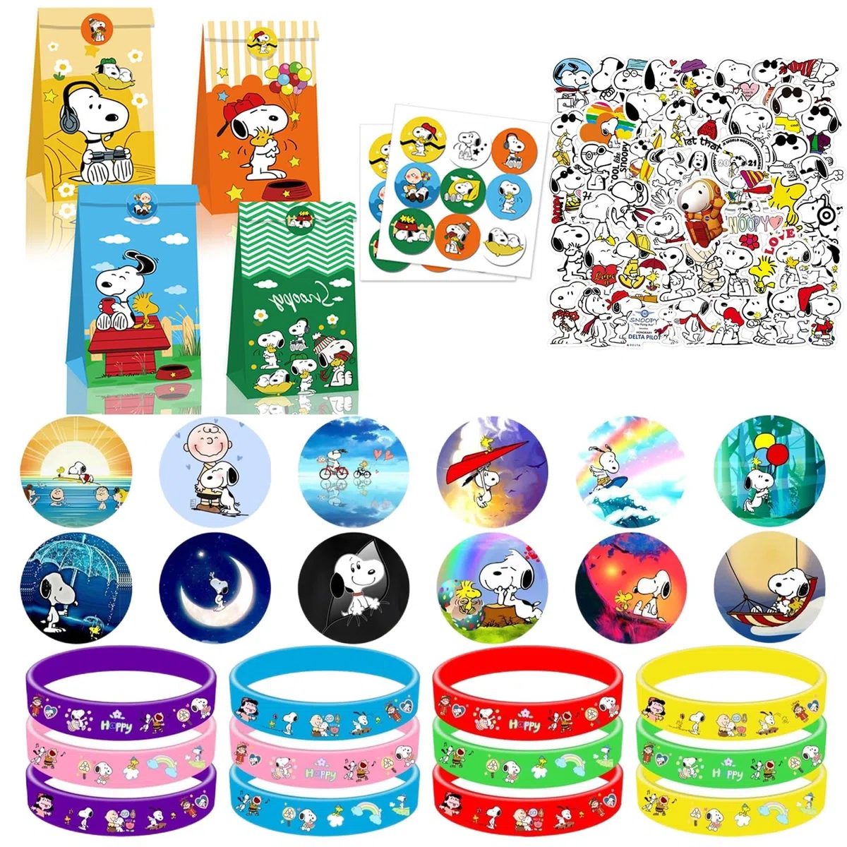 Yisscen 86 piezas Snoopy cumpleaños para niños: 12 pulseras de silicona, 12 insignias, 12 bolsas de regalo, 50 pegatinas