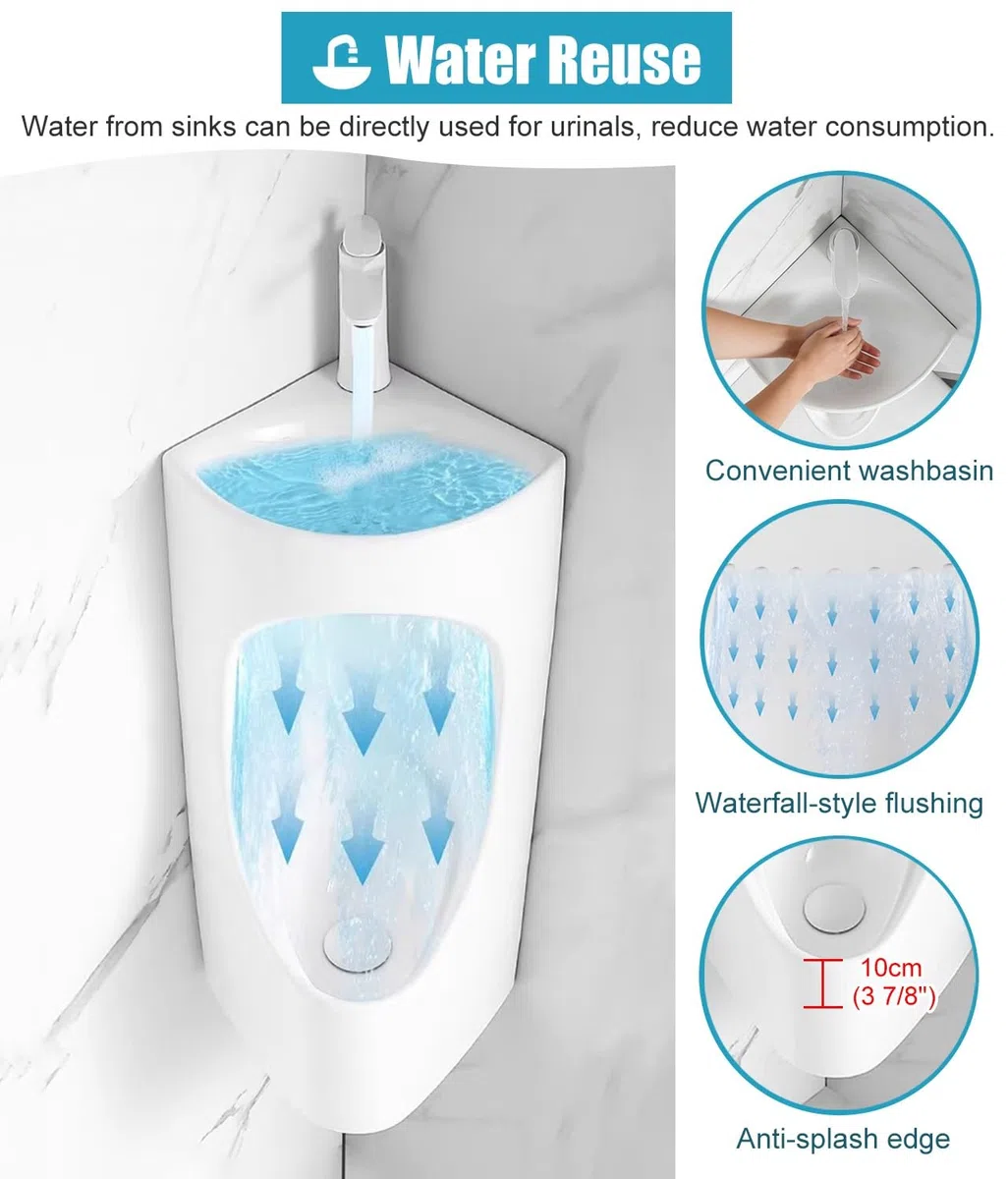 Orinal de esquina montado en la pared con lavabo, inodoro de cerámica para hombres, accesorio de baño fácil de limpiar para garaje, sótano, baño