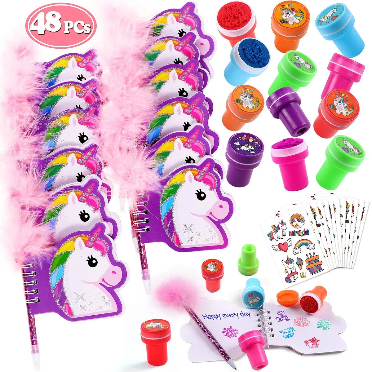 Tacobear 48 Piezas Piñata Unicornio Cumpleaños Niña con Mini Cuaderno de Notas Bolígrafos Tatuajes Unicornio Sellos Infantiles Regalos Fiesta Cumpleaños Niños Colegio