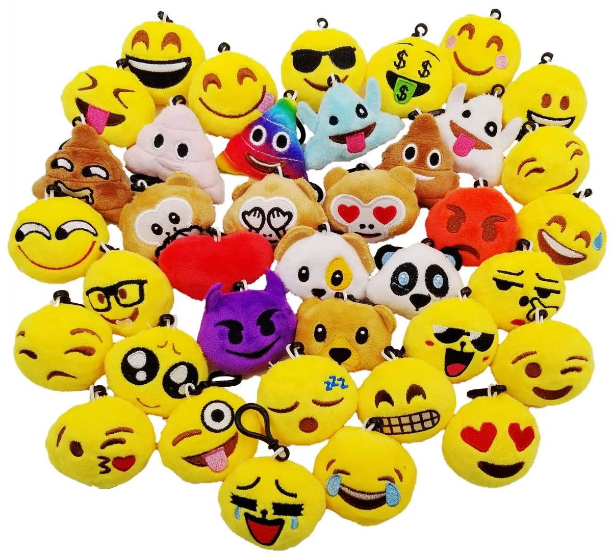 JZK 38 x Mini llavero emoticono felpa 5cm amarillo pequeña cara sonriente mochila llavero para niños adultos favores regalos de fiesta de cumpleaños obsequios recuerdo, rellenos bolsas fiesta