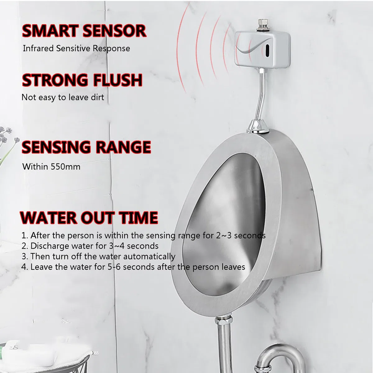 Urinario automático montado en la pared, acero inoxidable 304, sistema de descarga higiénica para baños públicos, hogares, hoteles y escuelas, fácil instalación, diseño moderno, duradero y ahorra