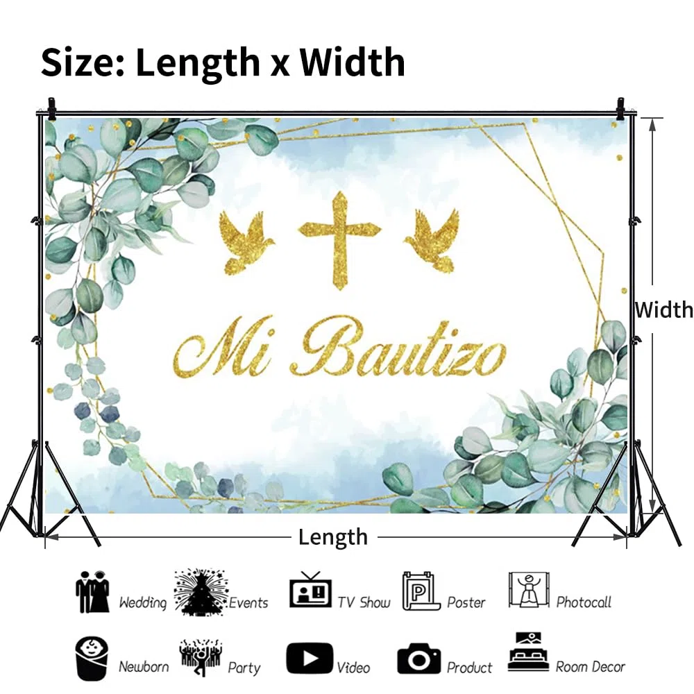 Fondo Mi Bautizo Bautizo para Bautizo Mexicano 4,6 x 3 m - Banner decorativo para fiesta prenatal - Hoja de eucalipto - Banner decorativo para primera comunión