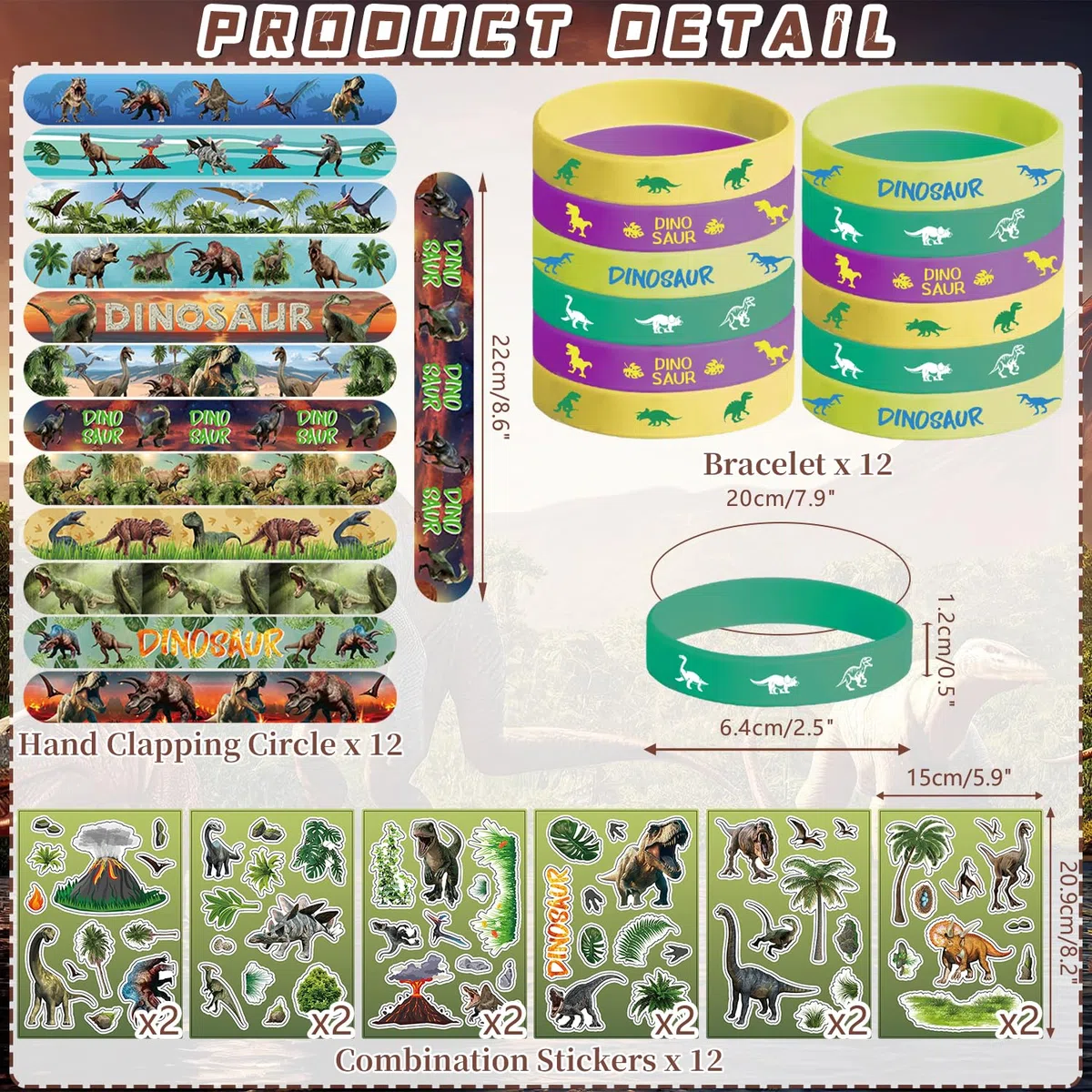 Suministros de Fiesta de Dinosaurios - Bolsas de Regalo, Pegatinas, Insignias y Pulseras para Cumpleaños Temático