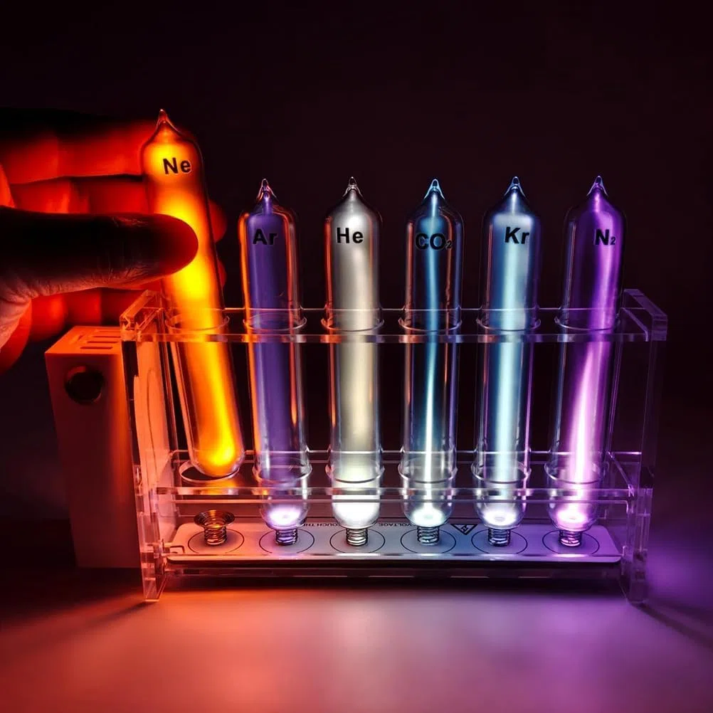 Juego De Tubos Fluorescentes De Gases Nobles: 6 Tubos De Vidrio Sellados con Base De Excitación para Exhibición Y Colección Científica, 99,99% De Pureza He/ne/ar/kr/xe/n2