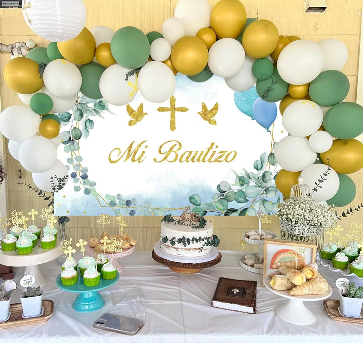 Fondo Mi Bautizo Bautizo para Bautizo Mexicano 4,6 x 3 m - Banner decorativo para fiesta prenatal - Hoja de eucalipto - Banner decorativo para primera comunión
