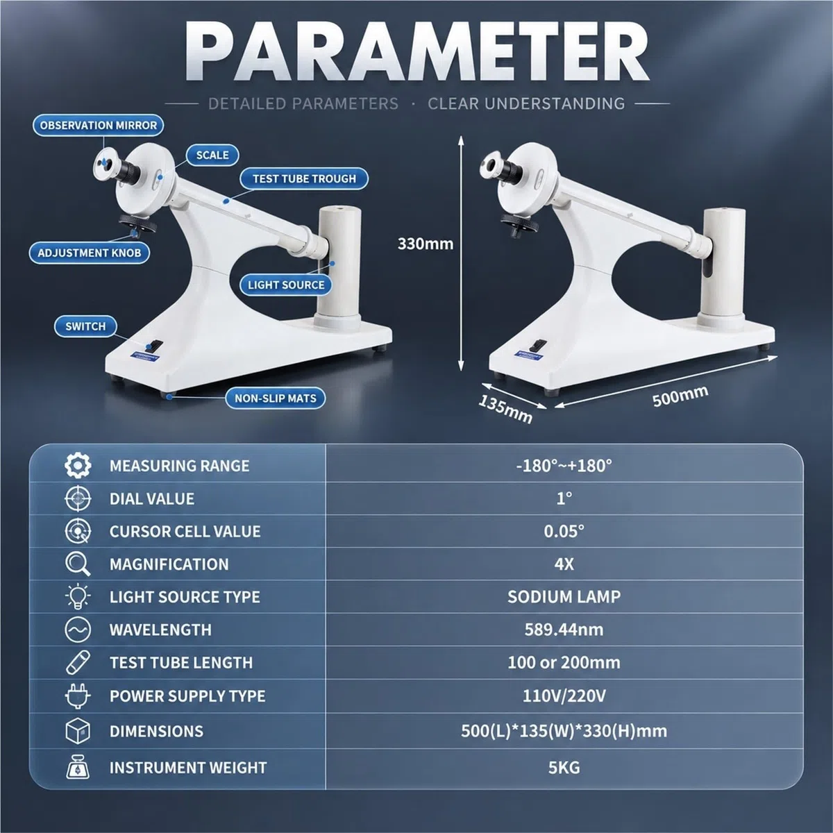 Polarímetro de disco visual con lámpara sodio, para pruebas rotación óptica