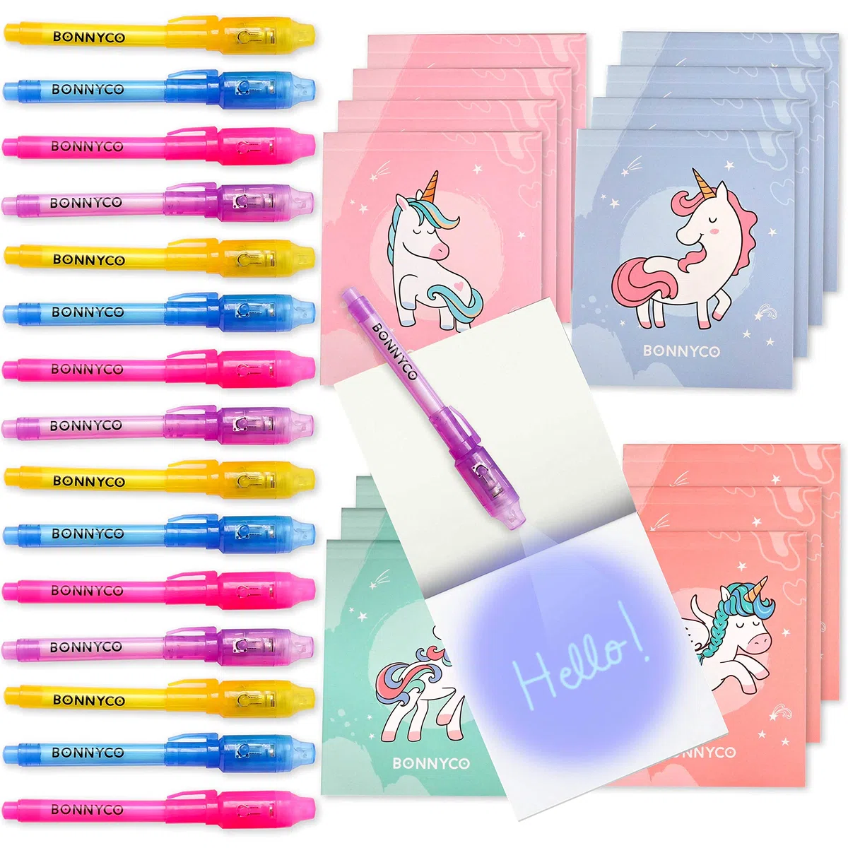 BONNYCO Boligrafo Tinta Invisible y Libreta Unicornio, Pack de 16 Regalos Cumpleaños Niños Colegio. Detalles Cumpleaños Niños, Relleno Piñata Infantil. Regalos Alumnos Primaria Fiesta Infantil