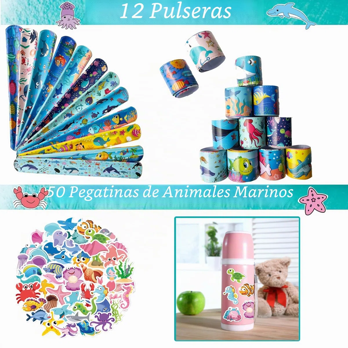 Eymobad 86 piezas de accesorios de fiesta de animales marinos, favores de fiesta de animales del océano, accesorios para fiesta del océano, con llavero, pulsera de cierre de resorte, sellos y