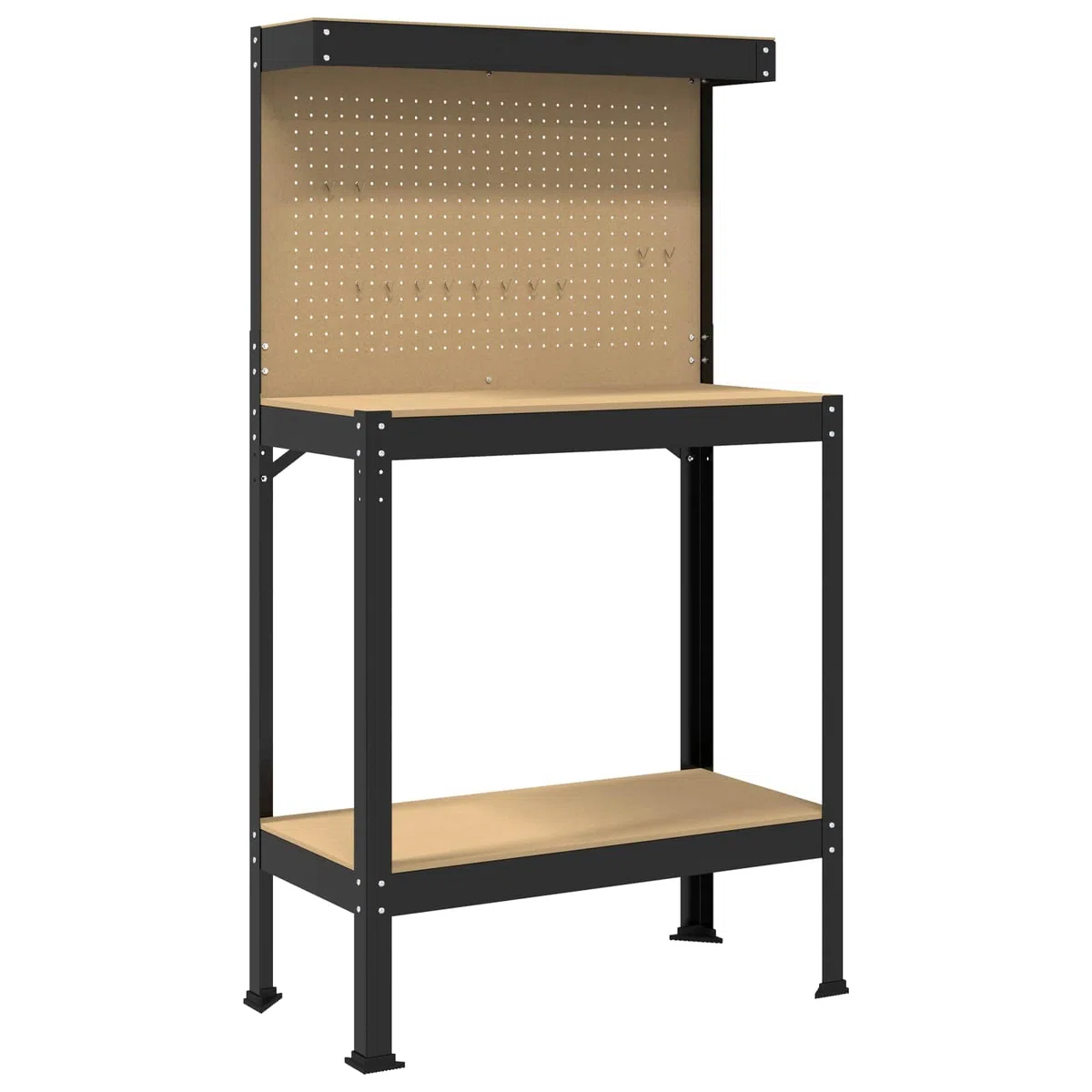 Banco de trabajo negro 81 x 41 x 145 cm de madera y metal con pared perforada y cajón, banco de trabajo para garaje y taller, resistente a la corrosión con estantes