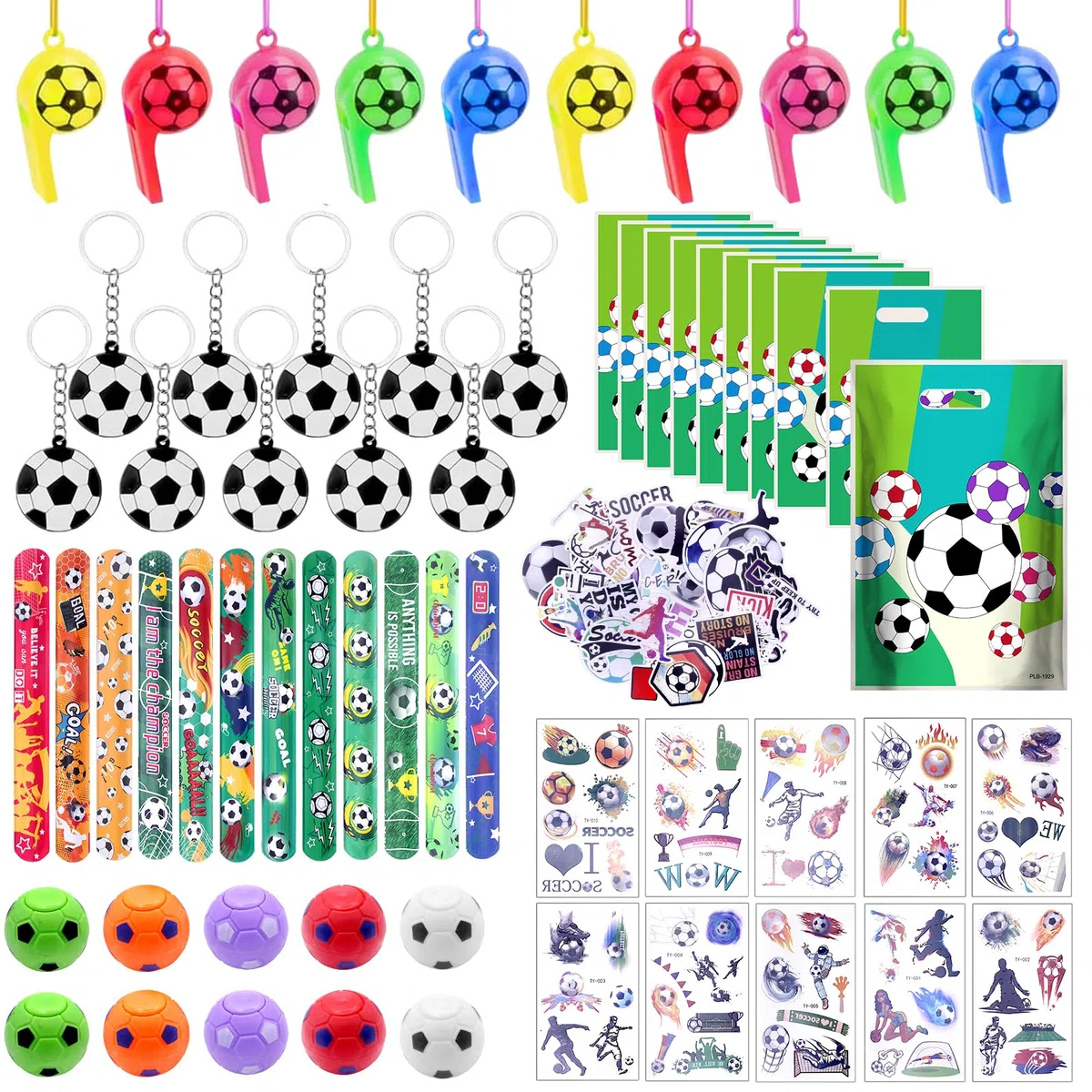 112 pcs Artículos de Fiesta Fútbol de Cumpleaños, Regalos para Niños, Relleno Piñata de Cumpleaños con Llavero Futbol, Silbato, Bolsa de Regalo, Fútbol Gyro