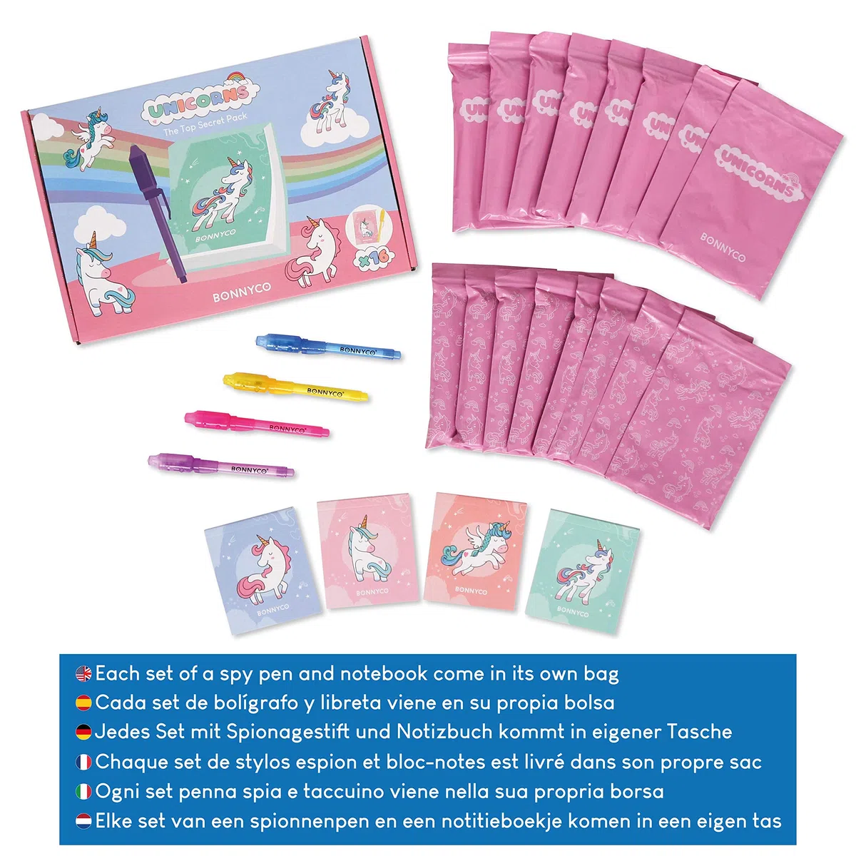 BONNYCO Boligrafo Tinta Invisible y Libreta Unicornio, Pack de 16 Regalos Cumpleaños Niños Colegio. Detalles Cumpleaños Niños, Relleno Piñata Infantil. Regalos Alumnos Primaria Fiesta Infantil