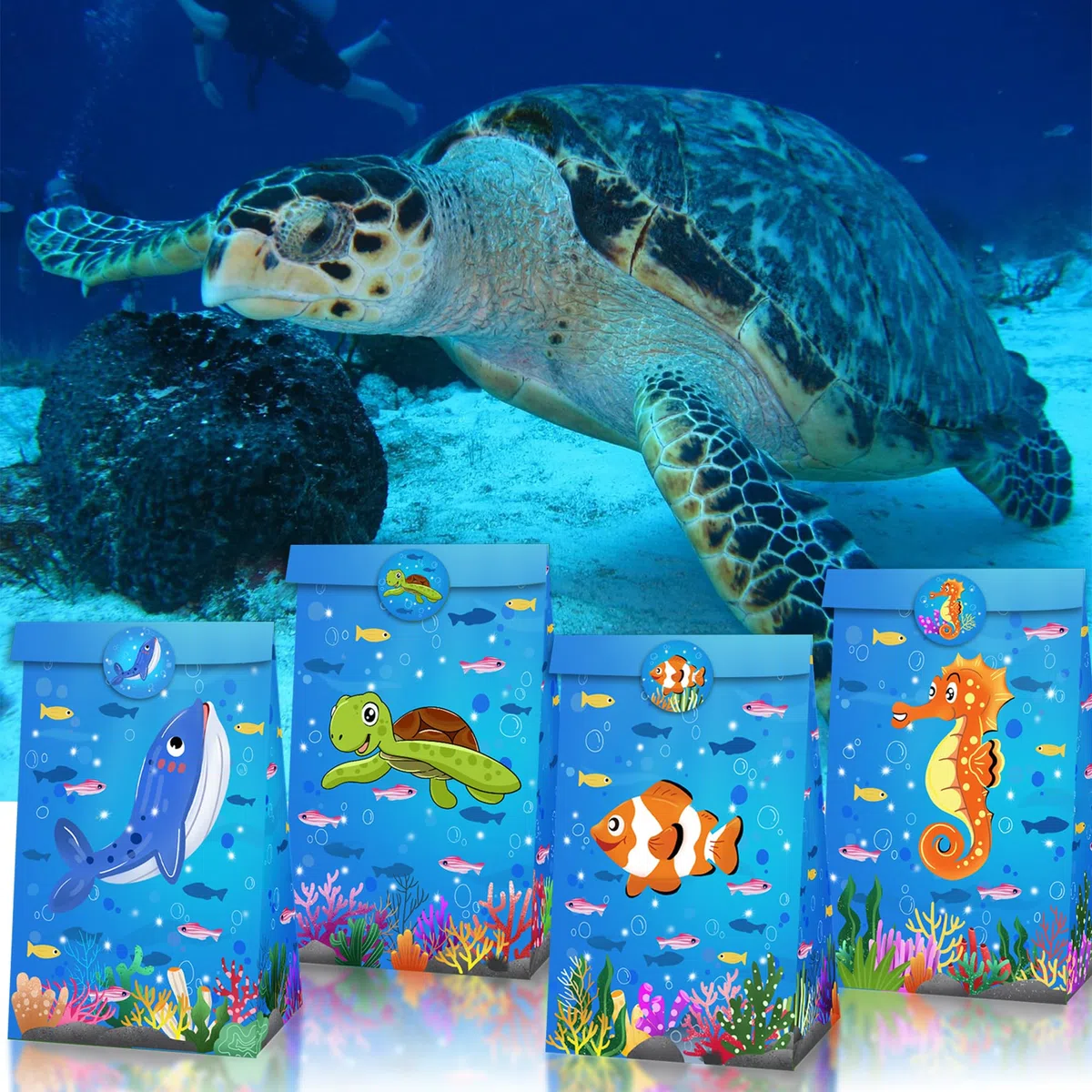 Eymobad Accesorios de fiesta de animales marinos, 98 piezas para fiesta de cumpleaños temática de océano, llaveros, pulseras, pegatinas, bolsas de regalo, para niños y niñas