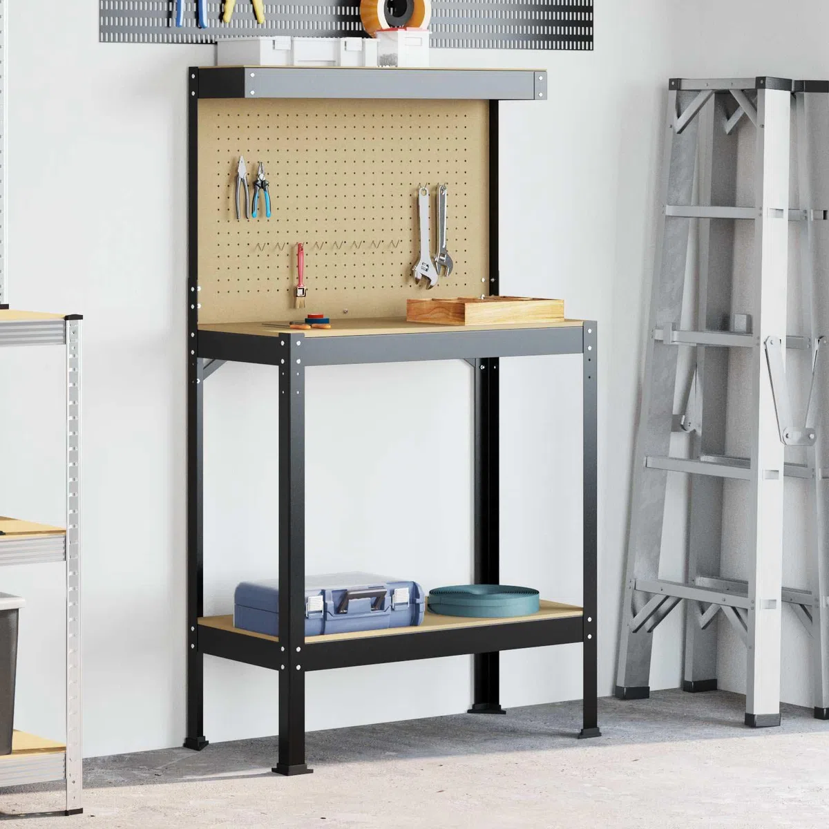 Banco de trabajo negro 81 x 41 x 145 cm de madera y metal con pared perforada y cajón, banco de trabajo para garaje y taller, resistente a la corrosión con estantes