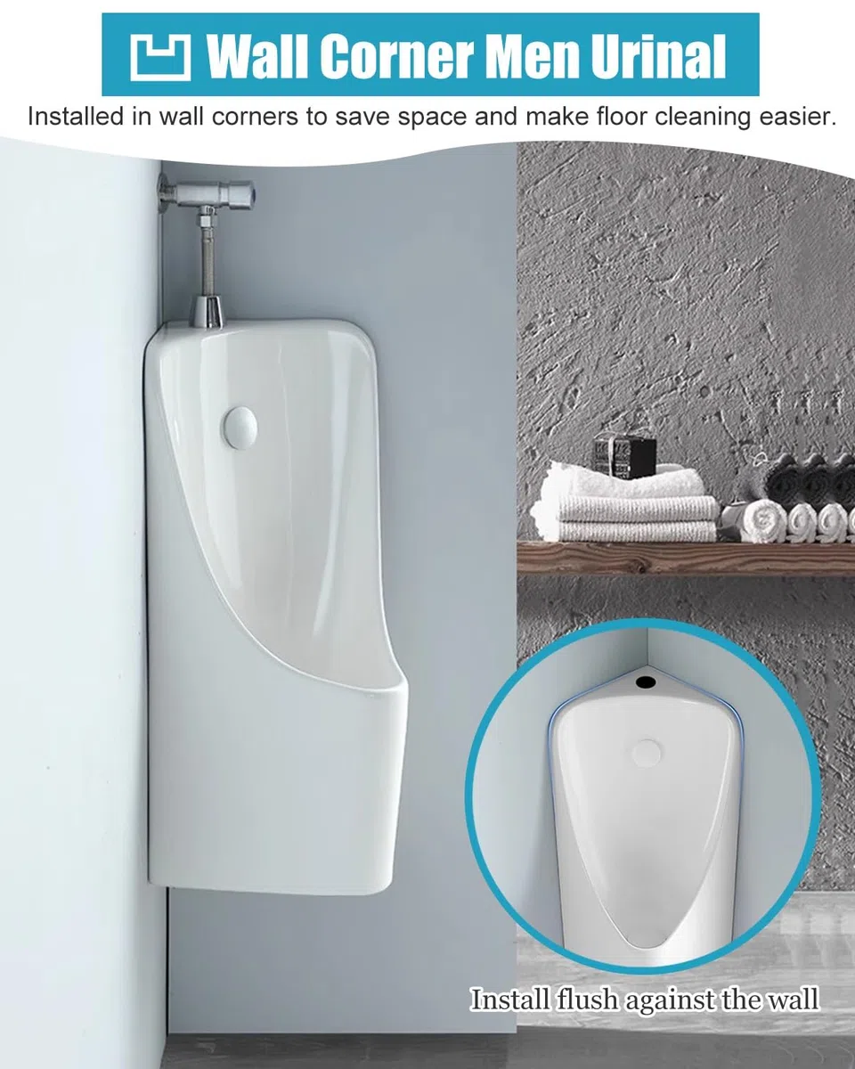 Urinario de esquina macho montado en la pared que ahorra espacio con diseño de drenaje eficiente de descarga manual, acabado gris, perfecto para baños de sótano y baños pequeños