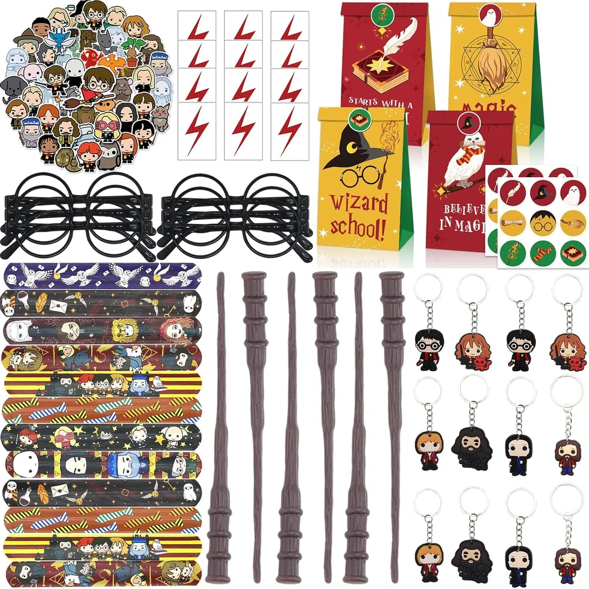110 unidades de relleno de bolsas de fiesta para niños, tema brujo, juguetes Pinata a juego con bandas para tapas, palillos, gafas, pegatinas, llaveros, bolsas de regalo, regalos de la suerte