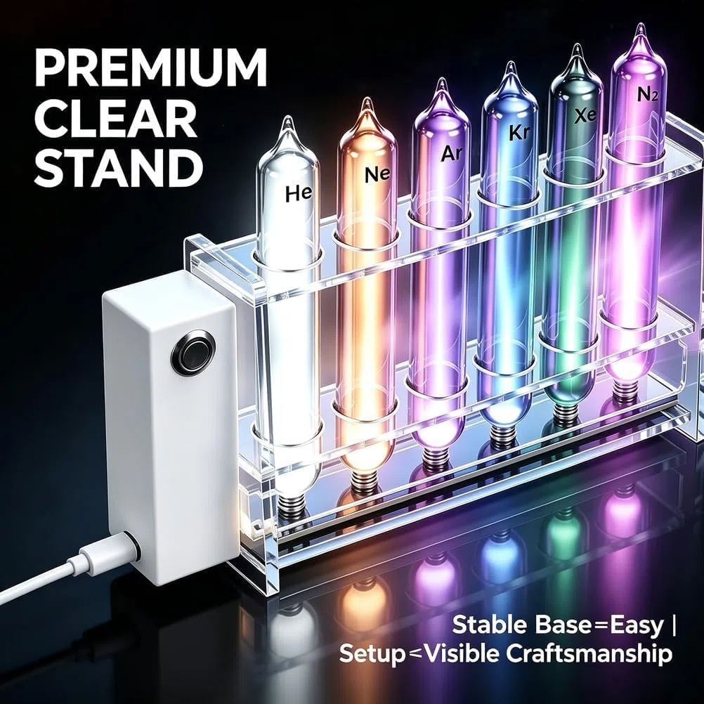 Juego De Tubos Fluorescentes De Gases Nobles: 6 Tubos De Vidrio Sellados con Base De Excitación para Exhibición Y Colección Científica, 99,99% De Pureza He/ne/ar/kr/xe/n2