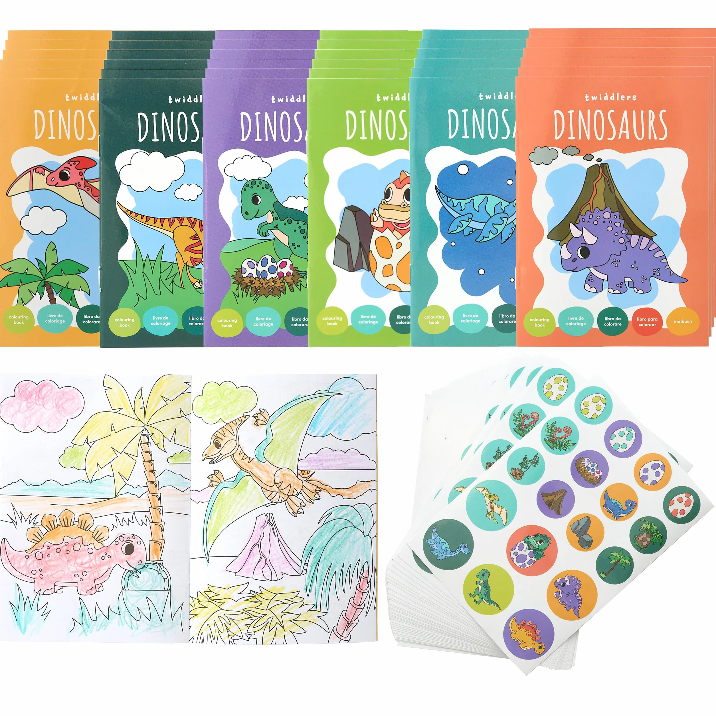 THE TWIDDLERS 36 Mini Libros para Colorear para Bolsas de Fiesta, con Pegatinas - Tema de Dinosaurios, A6 Mini Libros para Niños, Edad 4-8, Pequeños Libros para Colorear para Bolsas de Fiesta