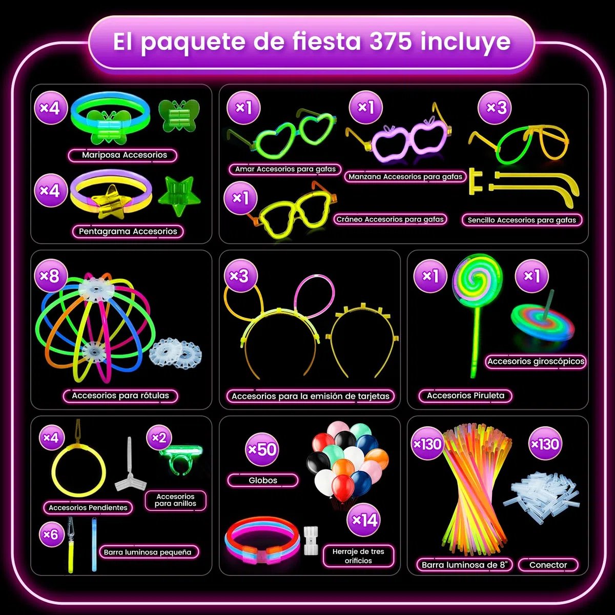Dora Sicom Pulseras Luminosas Fluorescentes，barras luminosas fluorescentes，pulseras neon fluorescentes fiesta pulseras fluorescentes para Celebraciones Inolvidables/375 piezas