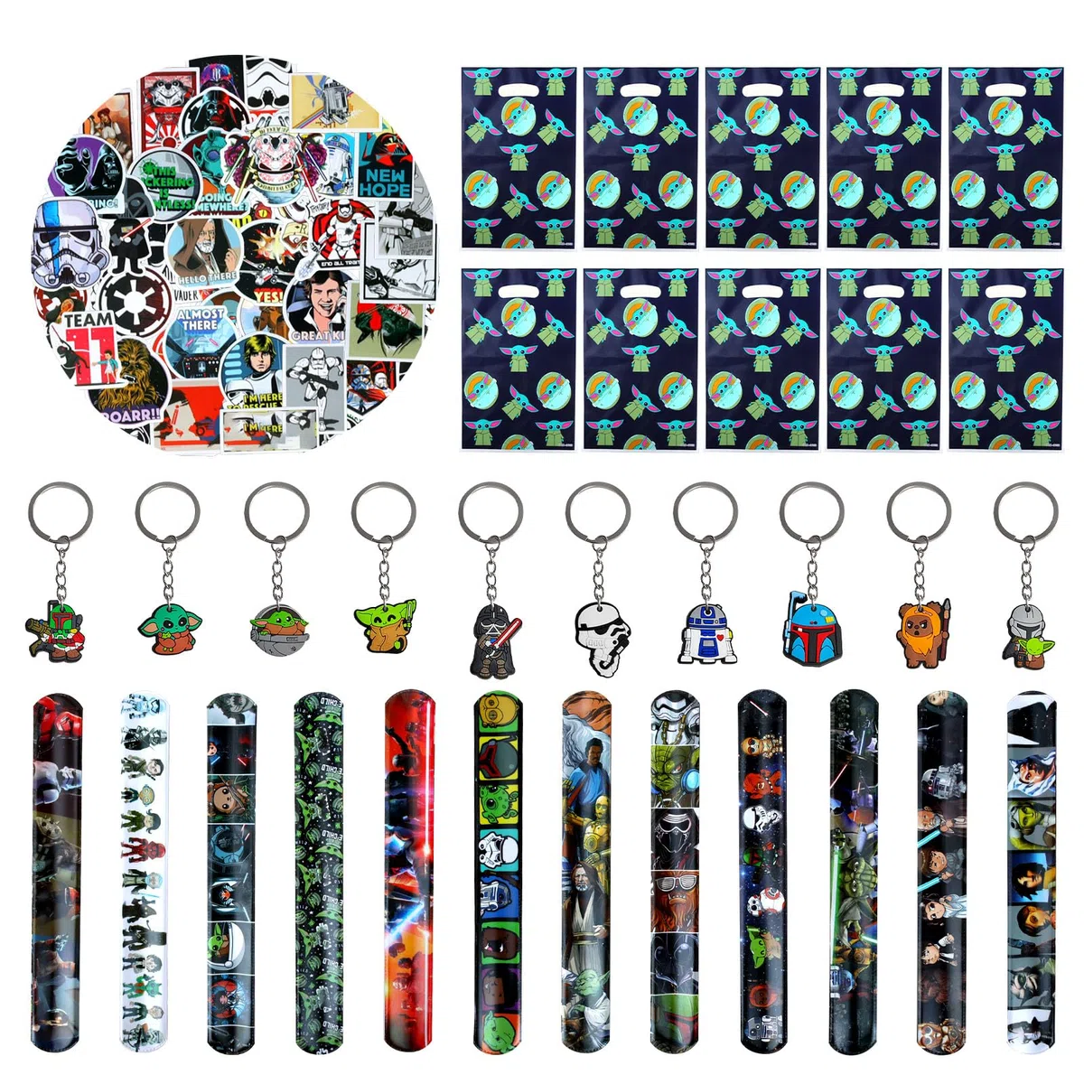 82 PCS Sta Wars Regalos para Fiestas, Sta Wars Bolsas de Fiesta, Sta Wars Cumpleaños Decoracion, 10 Yod Llaveros, 10 Packs Regalo de Fiesta Yod, 12 Pulseras de Silicona Yod, 50 Yod Pegatinas