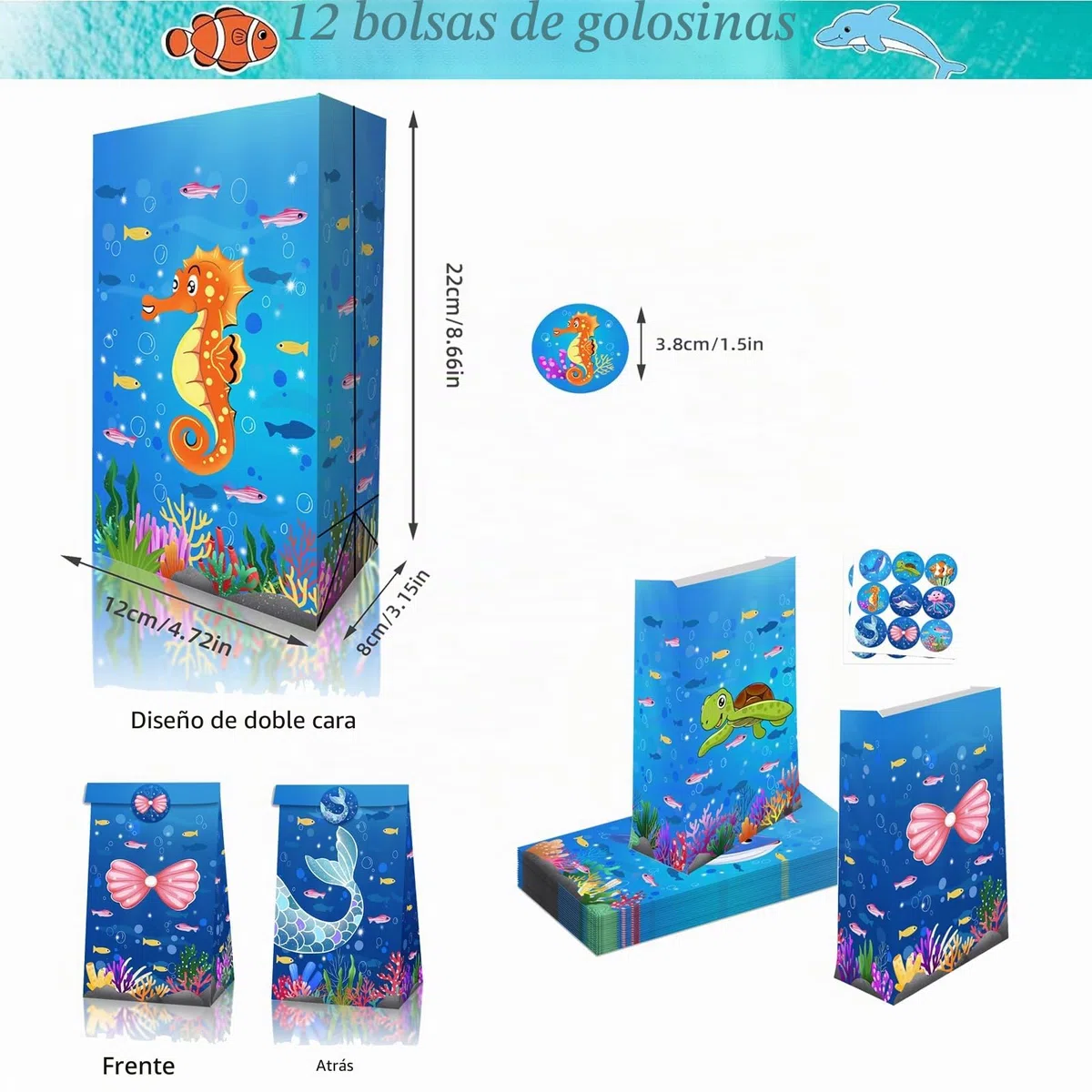 Eymobad Accesorios de fiesta de animales marinos, 98 piezas para fiesta de cumpleaños temática de océano, llaveros, pulseras, pegatinas, bolsas de regalo, para niños y niñas