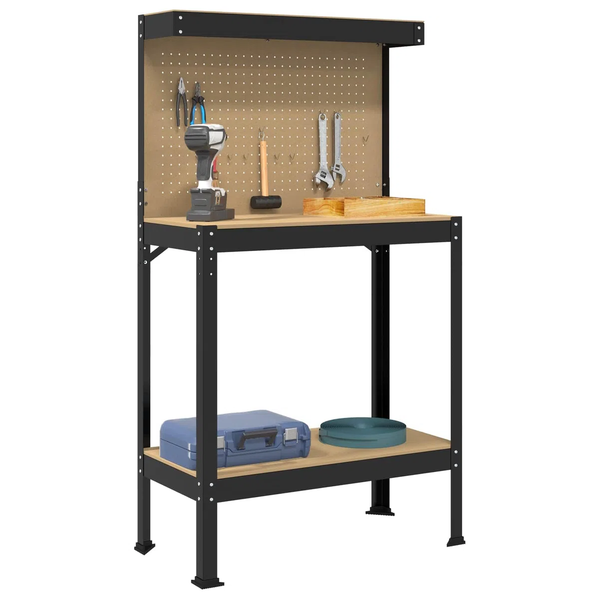 Banco de trabajo negro 81 x 41 x 145 cm de madera y metal con pared perforada y cajón, banco de trabajo para garaje y taller, resistente a la corrosión con estantes