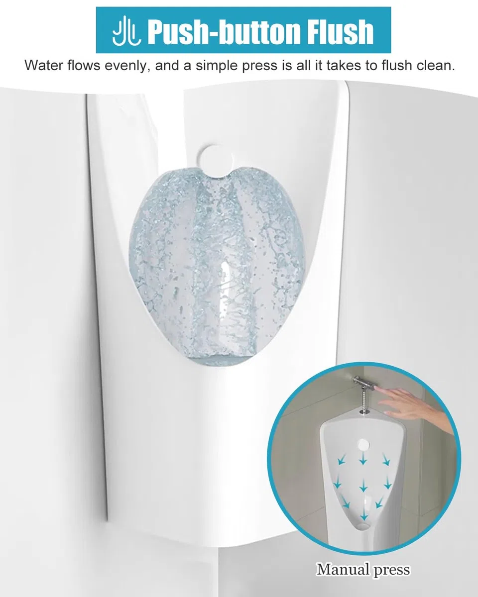 Urinario de esquina macho montado en la pared que ahorra espacio con diseño de drenaje eficiente de descarga manual, acabado gris, perfecto para baños de sótano y baños pequeños