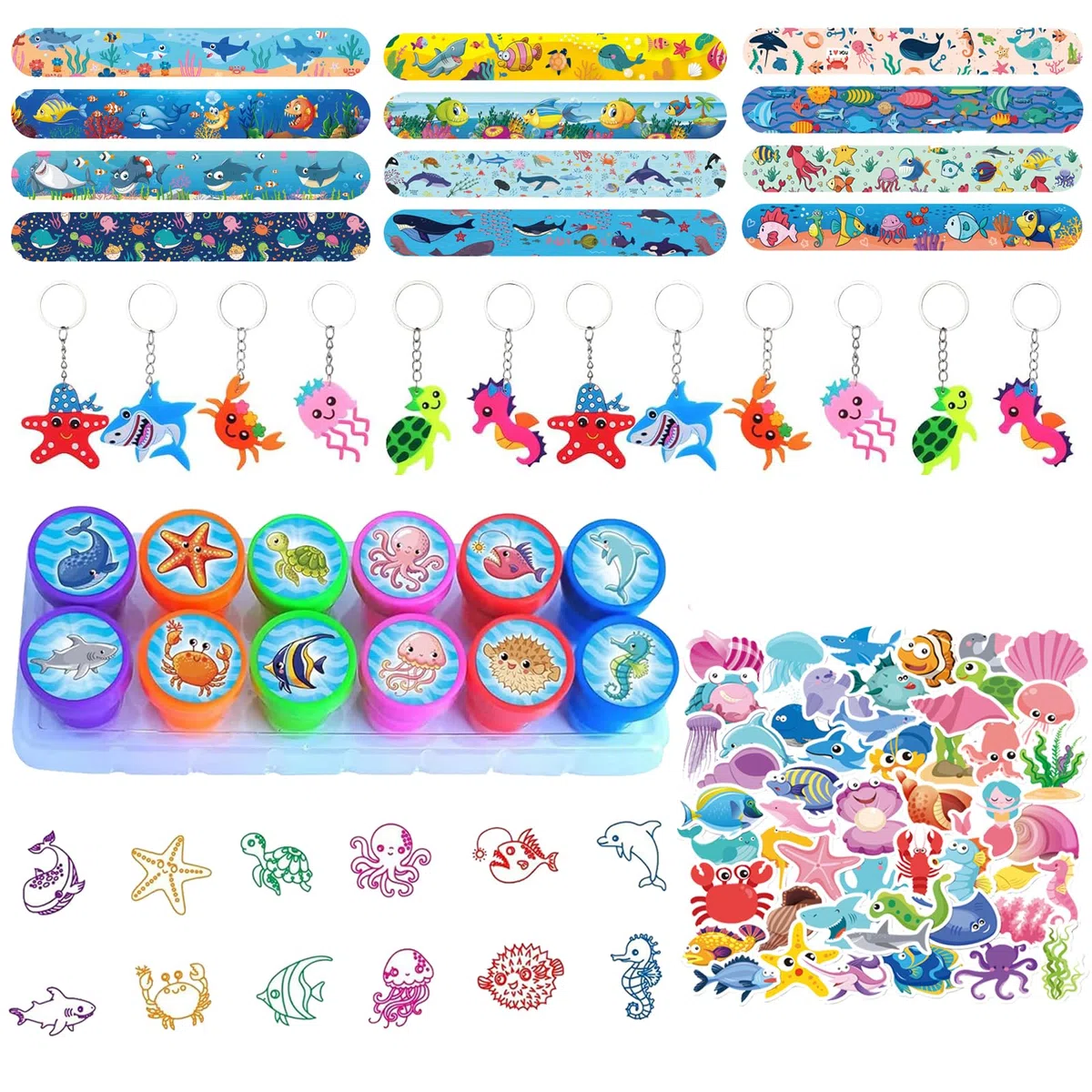 Eymobad 86 piezas de accesorios de fiesta de animales marinos, favores de fiesta de animales del océano, accesorios para fiesta del océano, con llavero, pulsera de cierre de resorte, sellos y