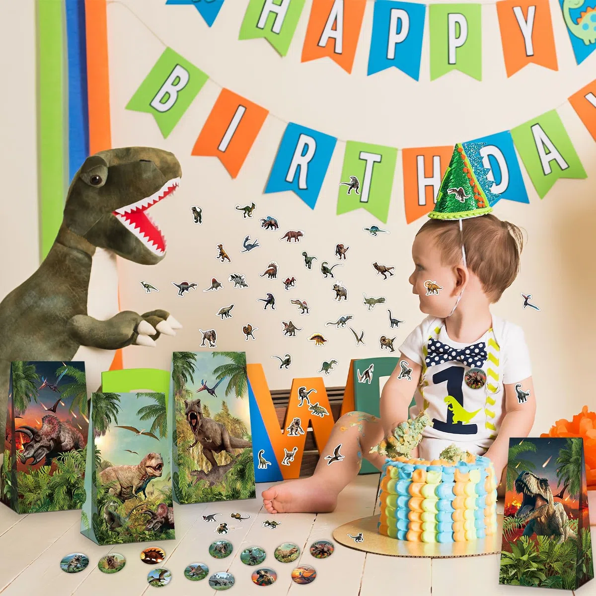Suministros de Fiesta de Dinosaurios - Bolsas de Regalo, Pegatinas, Insignias y Pulseras para Cumpleaños Temático