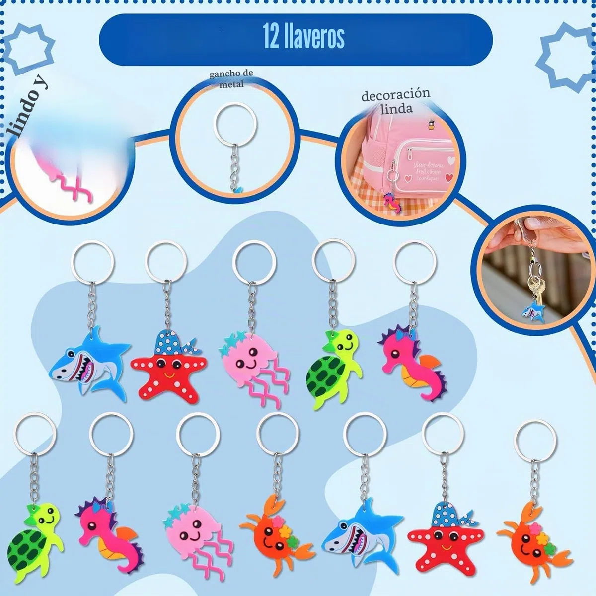 Eymobad Accesorios de fiesta de animales marinos, 98 piezas para fiesta de cumpleaños temática de océano, llaveros, pulseras, pegatinas, bolsas de regalo, para niños y niñas
