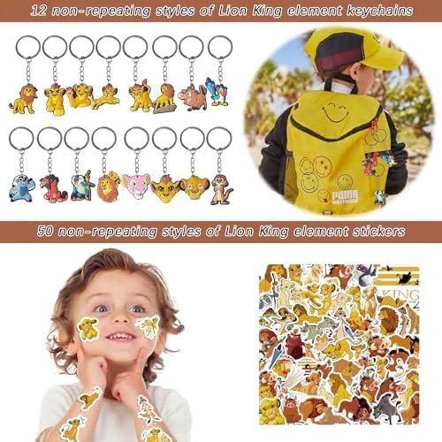 Set De Bolsas De Regalo para Fiesta De CumpleañOs Infantil De Leones, 86pcs Lion Cartoon Theme Party Regalos con Slap Pulseras Llaveros Bolsas De Regalo Pegatinas para Fiestas Infantiles