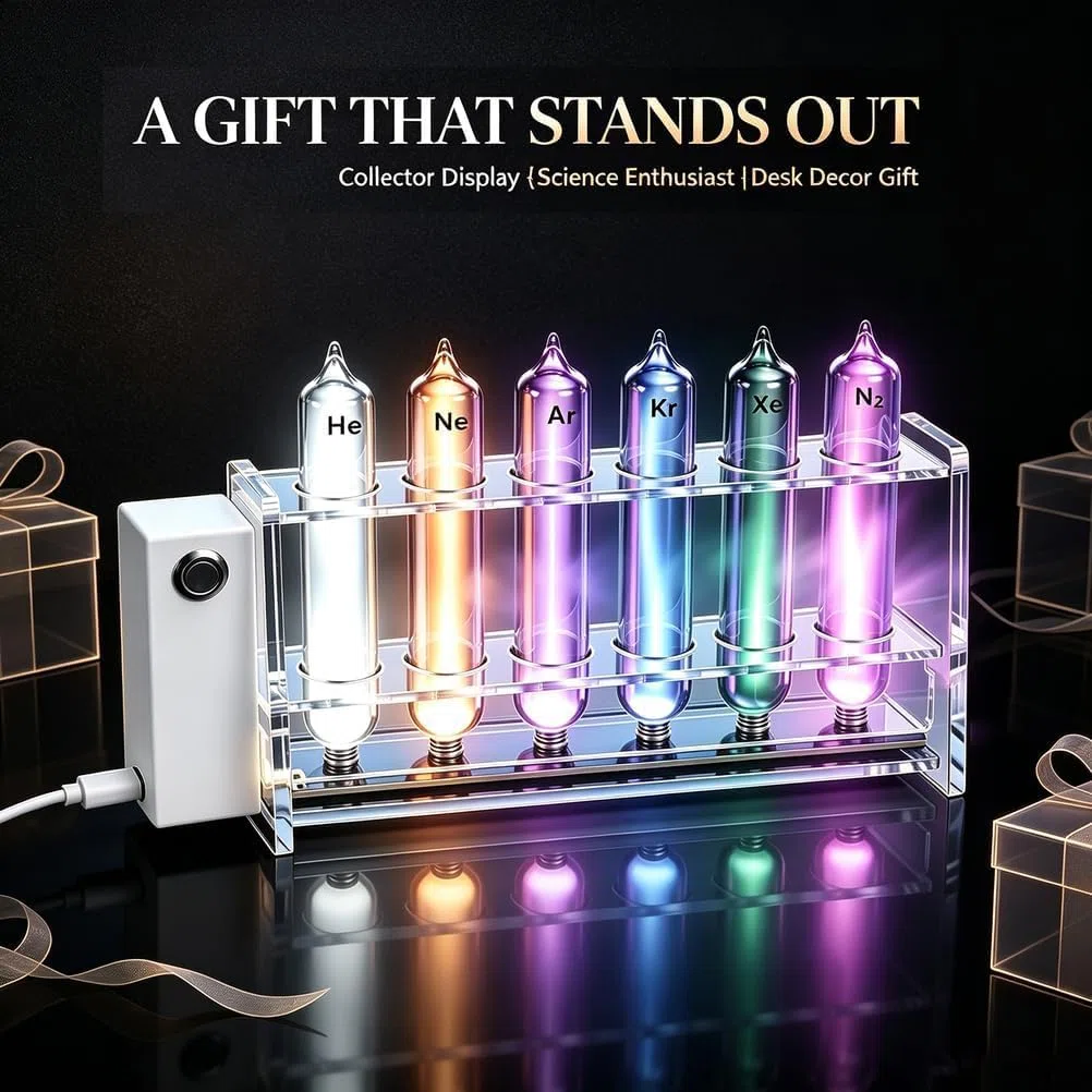 Juego De Tubos Fluorescentes De Gases Nobles: 6 Tubos De Vidrio Sellados con Base De Excitación para Exhibición Y Colección Científica, 99,99% De Pureza He/ne/ar/kr/xe/n2