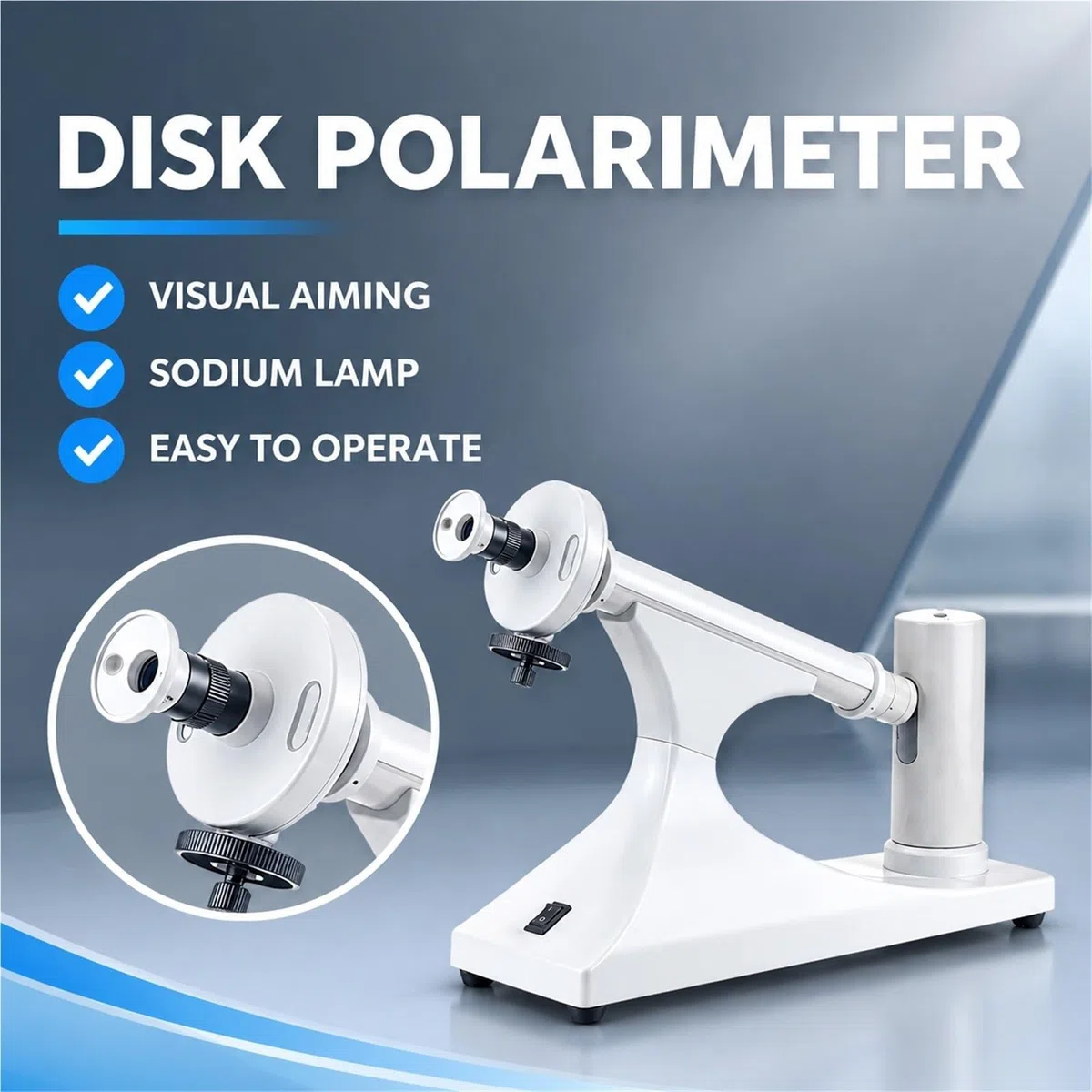 Polarímetro de disco visual con lámpara sodio, para pruebas rotación óptica