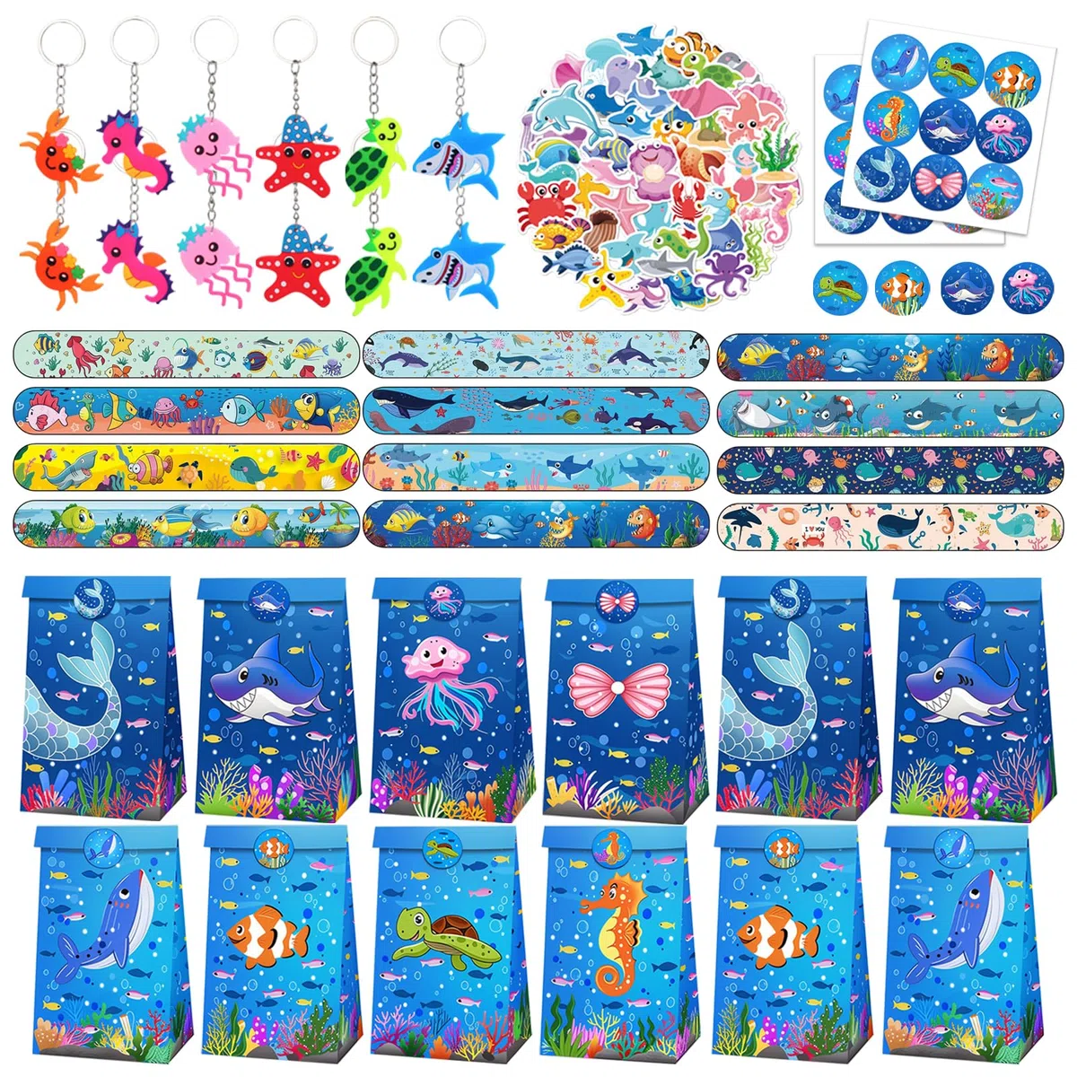 Eymobad Accesorios de fiesta de animales marinos, 98 piezas para fiesta de cumpleaños temática de océano, llaveros, pulseras, pegatinas, bolsas de regalo, para niños y niñas