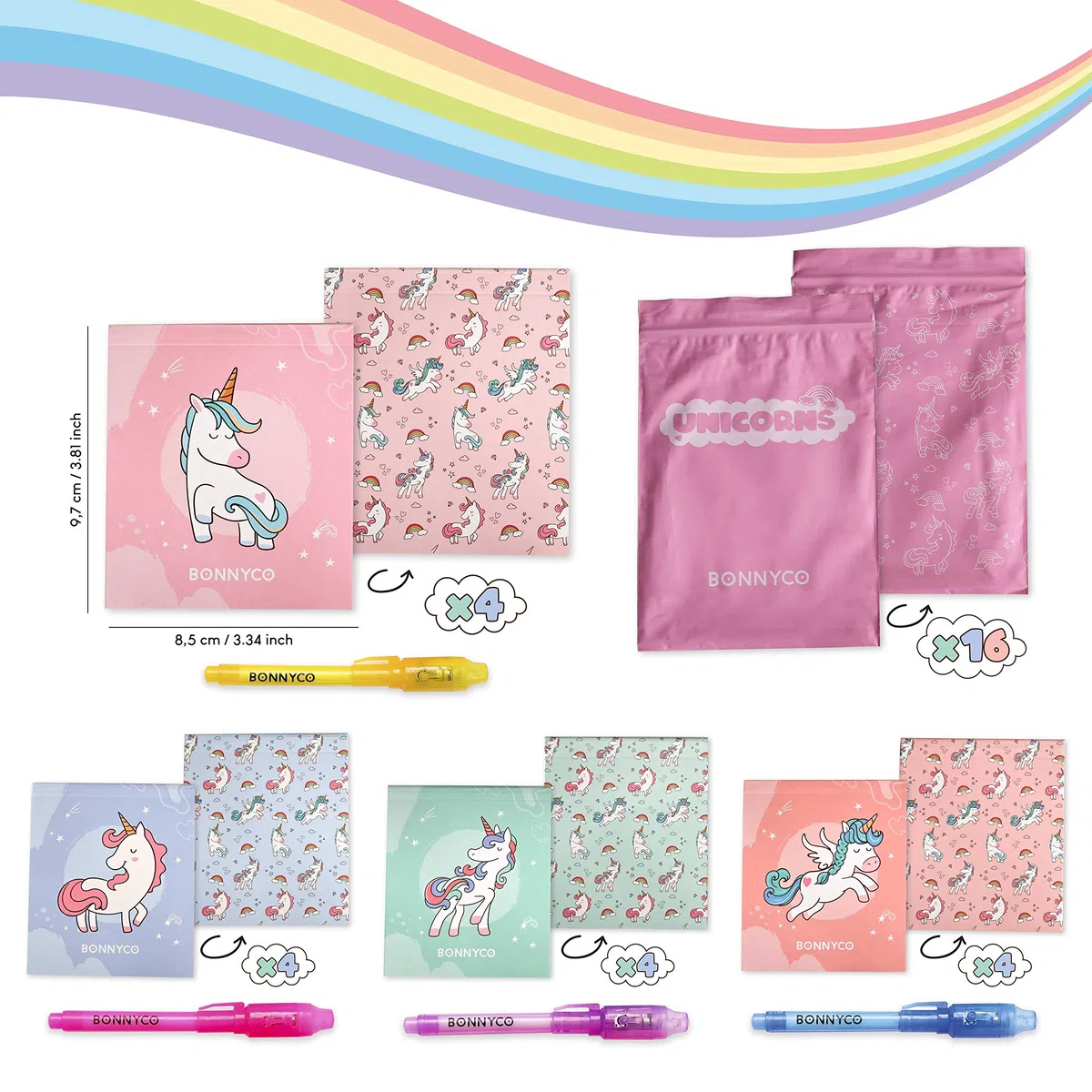 BONNYCO Boligrafo Tinta Invisible y Libreta Unicornio, Pack de 16 Regalos Cumpleaños Niños Colegio. Detalles Cumpleaños Niños, Relleno Piñata Infantil. Regalos Alumnos Primaria Fiesta Infantil