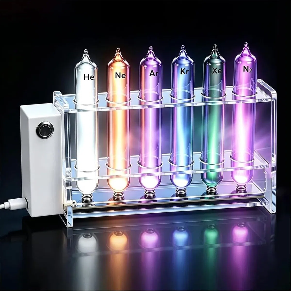 Juego De Tubos Fluorescentes De Gases Nobles: 6 Tubos De Vidrio Sellados con Base De Excitación para Exhibición Y Colección Científica, 99,99% De Pureza He/ne/ar/kr/xe/n2