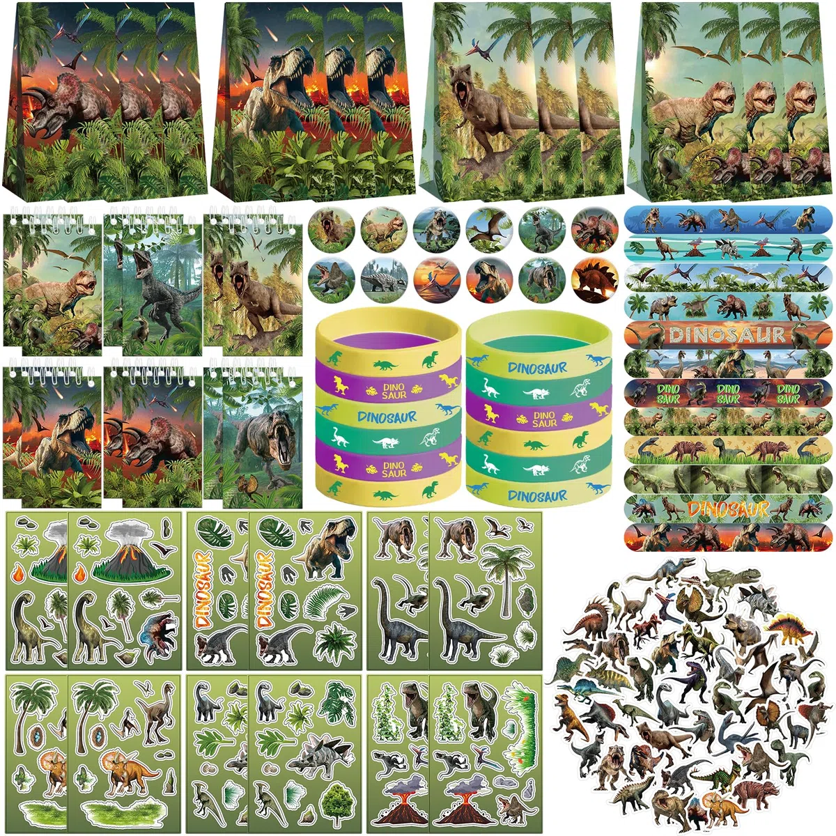 Suministros de Fiesta de Dinosaurios - Bolsas de Regalo, Pegatinas, Insignias y Pulseras para Cumpleaños Temático