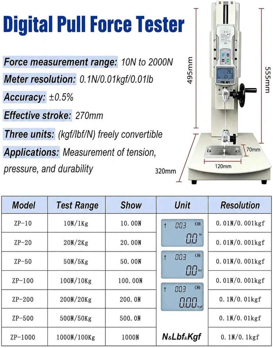 Medidor Fuerza Digital Manual 10-2000 N Y Banco Pruebas Vertical con Manivela Y 5 Sondas; Banco Pruebas Tracción Vertical Manual con Recorrido 270 Mm para Aplicaciones En Pesca Withruler-50N