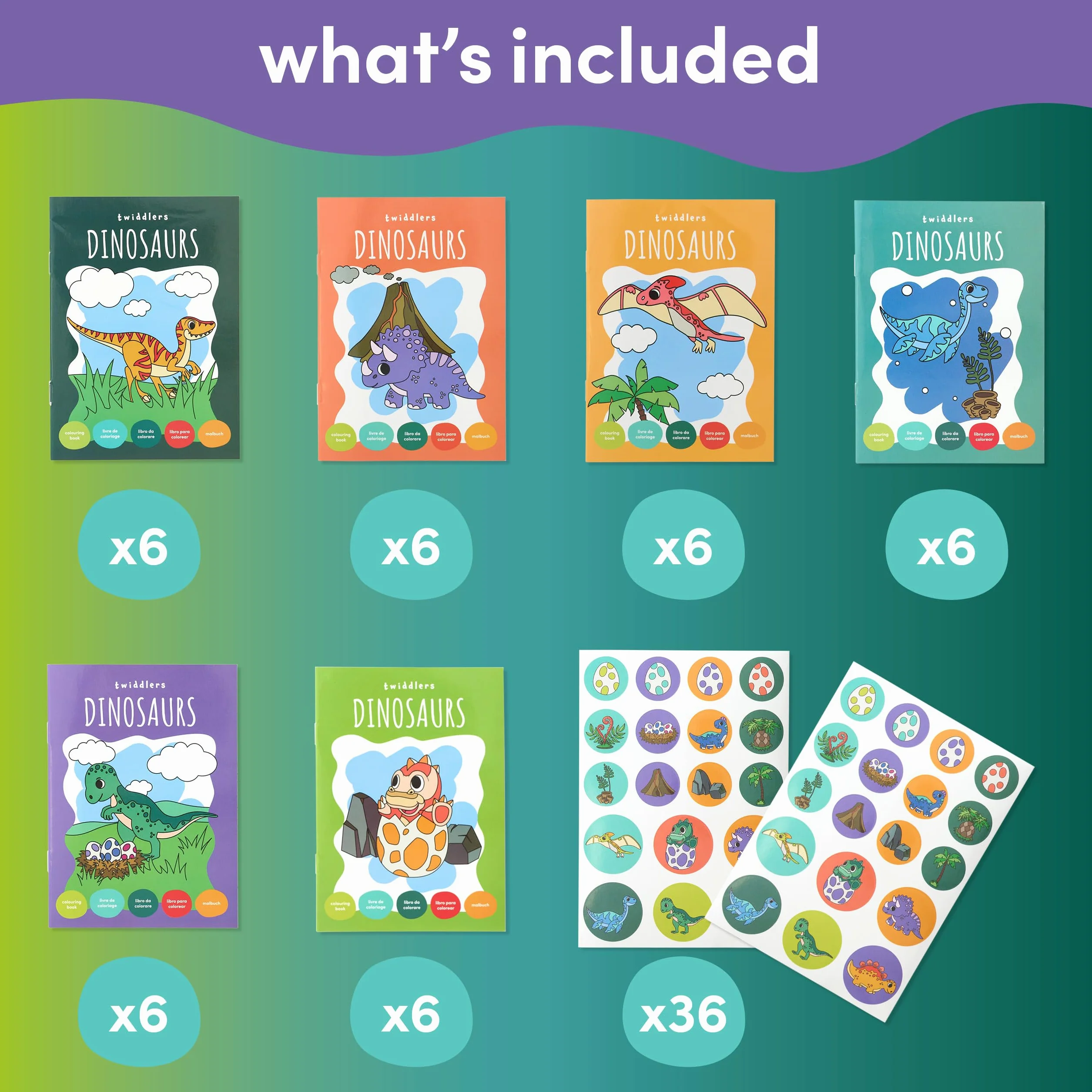 THE TWIDDLERS 36 Mini Libros para Colorear para Bolsas de Fiesta, con Pegatinas - Tema de Dinosaurios, A6 Mini Libros para Niños, Edad 4-8, Pequeños Libros para Colorear para Bolsas de Fiesta