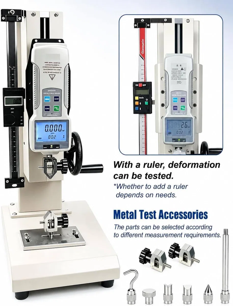 Medidor Fuerza Digital Manual 10-2000 N Y Banco Pruebas Vertical con Manivela Y 5 Sondas; Banco Pruebas Tracción Vertical Manual con Recorrido 270 Mm para Aplicaciones En Pesca Withruler-50N